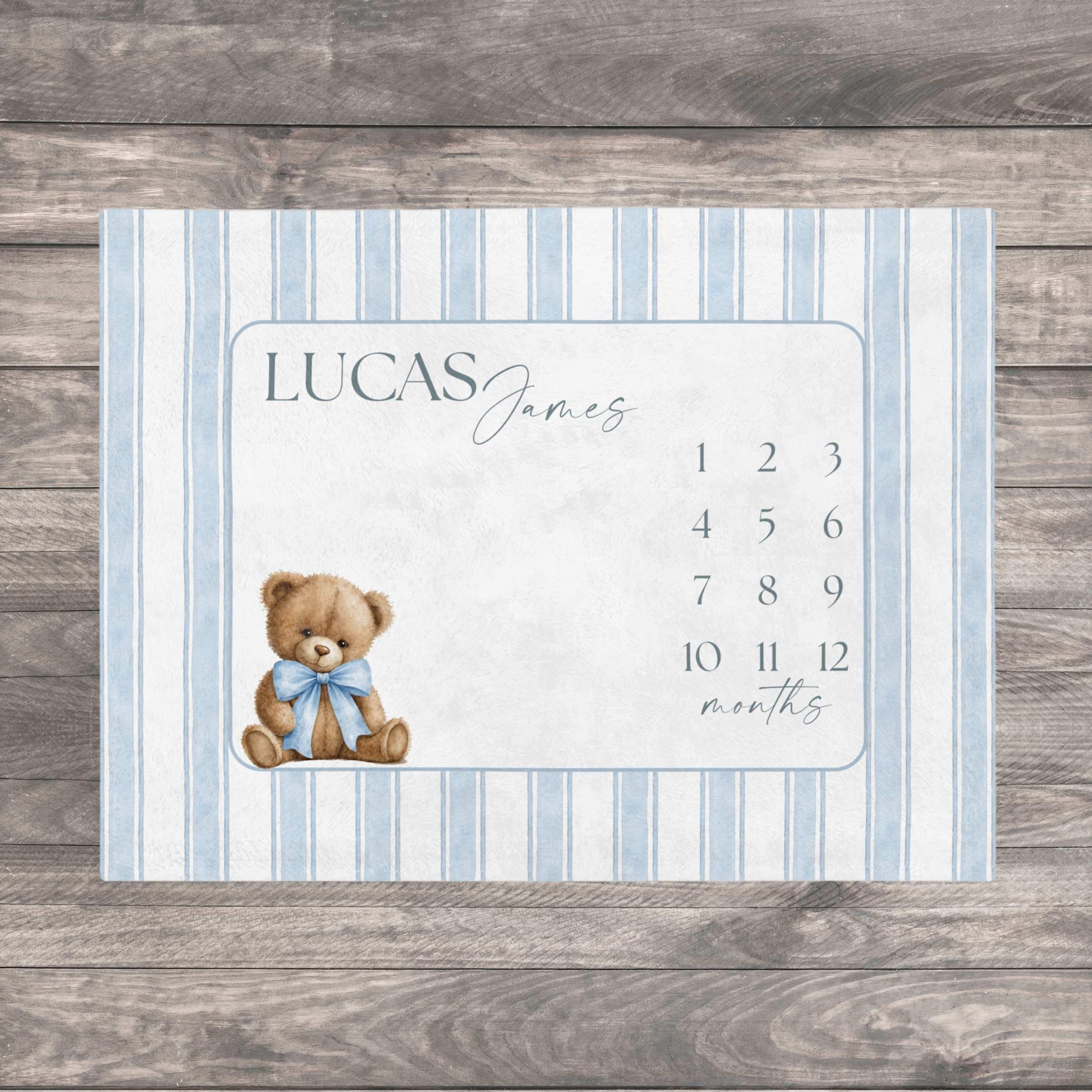 Baby Boy Milestone Blanket. Storybook Bear heirloom baby blanket. Dusty Blue Striped Baby Boy Milestone Blanket, Teddy Bear Month Blanket, Watercolor Monthly Growth Mat, Personalized Newborn Photography.
Capture every precious moment of your little one’s first year with our Classic Blue Striped Milestone Blanket. Featuring a timeless watercolor stripe design and a teddy bear with dusty blue bow, the perfect backdrop for monthly growth photos. Adorable baby keepsake to cherish for years to come!