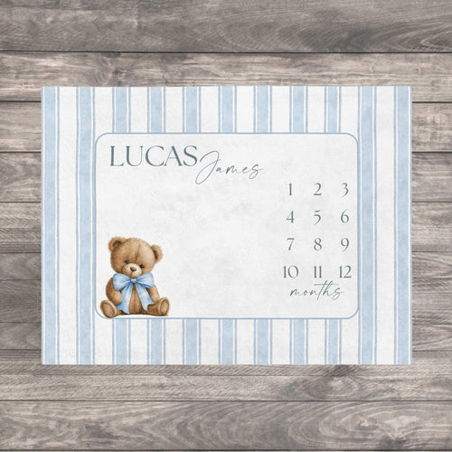 Baby Boy Milestone Blanket. Storybook Bear heirloom baby blanket. Dusty Blue Striped Baby Boy Milestone Blanket, Teddy Bear Month Blanket, Watercolor Monthly Growth Mat, Personalized Newborn Photography.
Capture every precious moment of your little one’s first year with our Classic Blue Striped Milestone Blanket. Featuring a timeless watercolor stripe design and a teddy bear with dusty blue bow, the perfect backdrop for monthly growth photos. Adorable baby keepsake to cherish for years to come!