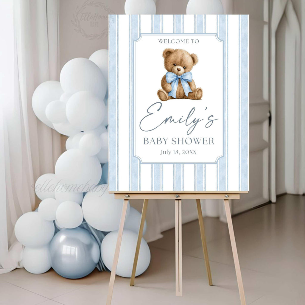 Teddy Bear Baby Shower Welcome Sign, Dusty Blue Striped Bear Baby Shower Sign, Coquette Bow Foam Board, Boy Party Decor, Bear Baby Sprinkle