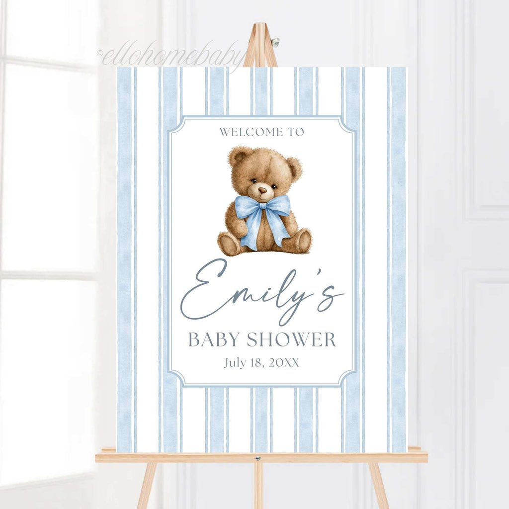 Teddy Bear Baby Shower Welcome Sign, Dusty Blue Striped Bear Baby Shower Sign, Coquette Bow Foam Board, Boy Party Decor, Bear Baby Sprinkle