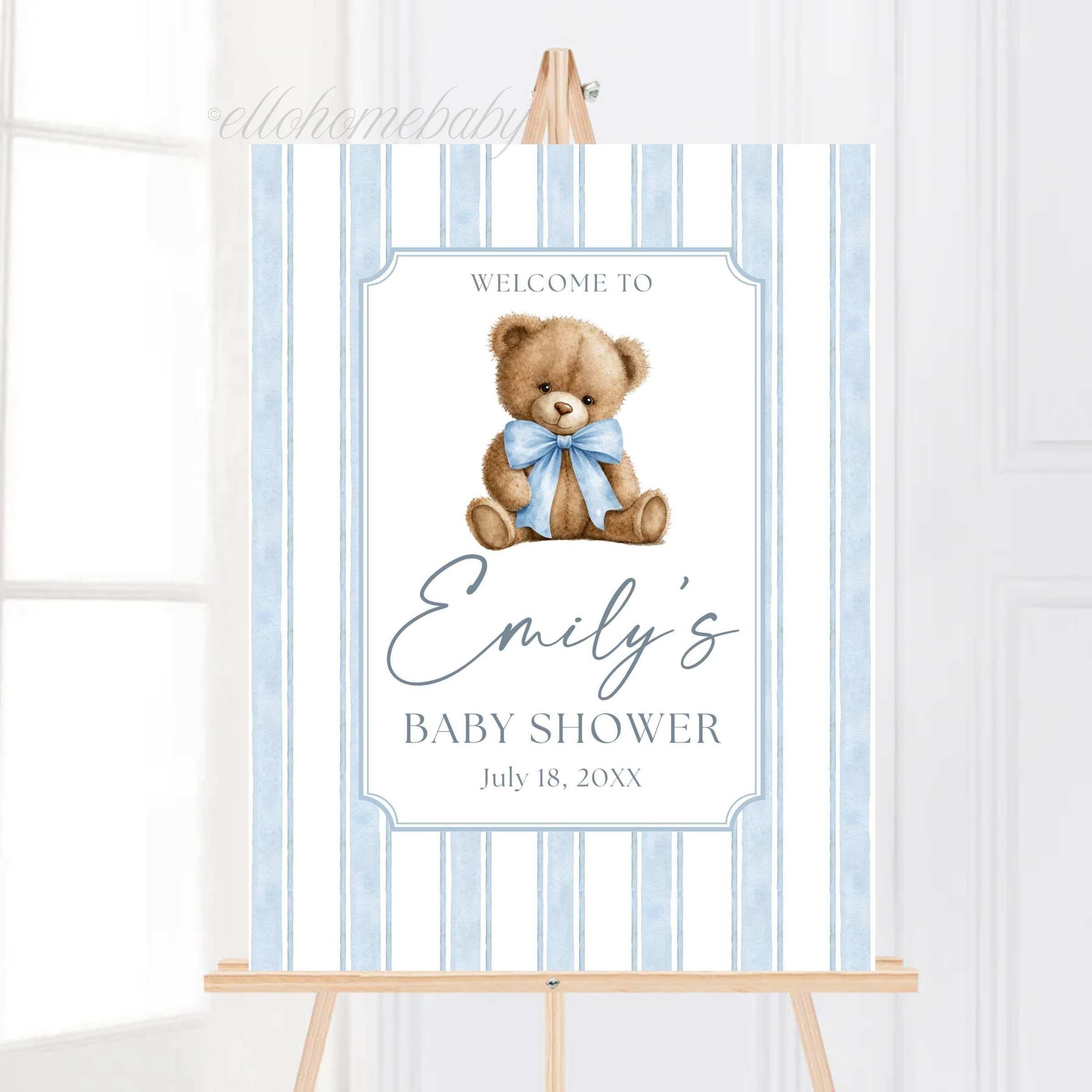 Teddy Bear Baby Shower Welcome Sign, Dusty Blue Striped Bear Baby Shower Sign, Coquette Bow Foam Board, Boy Party Decor, Bear Baby Sprinkle