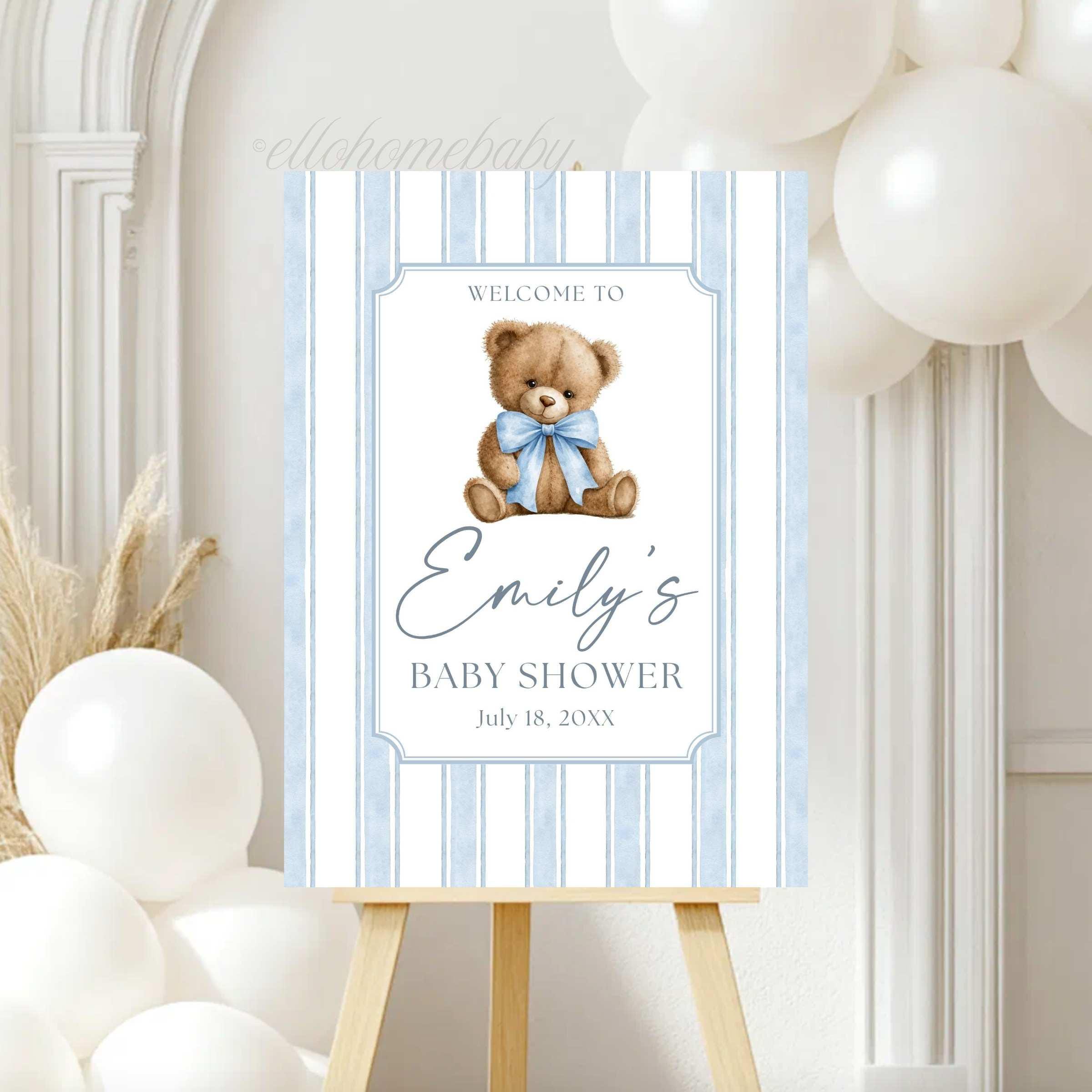 Teddy Bear Baby Shower Welcome Sign, Dusty Blue Striped Bear Baby Shower Sign, Coquette Bow Foam Board, Boy Party Decor, Bear Baby Sprinkle