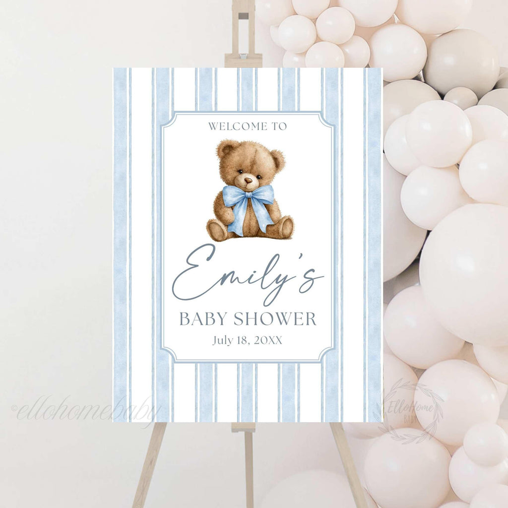 Teddy Bear Baby Shower Welcome Sign, Dusty Blue Striped Bear Baby Shower Sign, Coquette Bow Foam Board, Boy Party Decor, Bear Baby Sprinkle