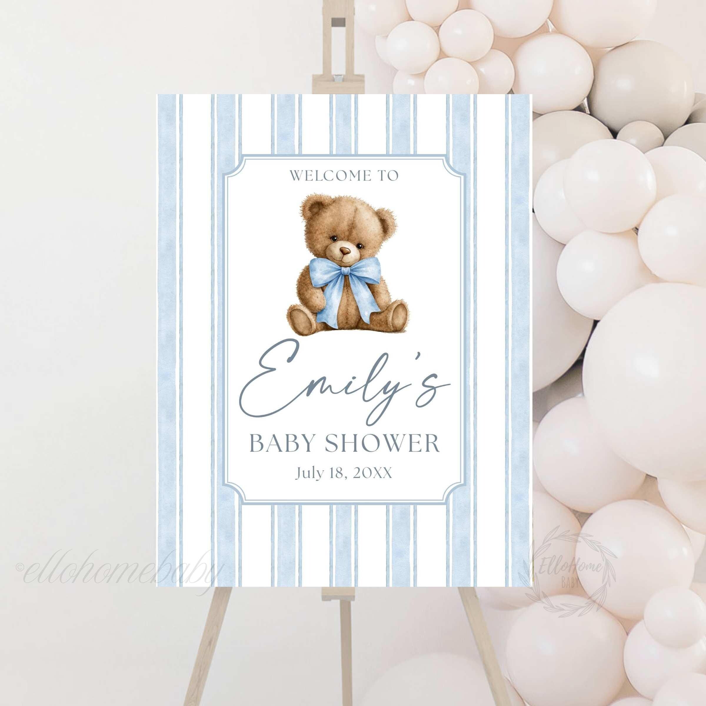 Teddy Bear Baby Shower Welcome Sign, Dusty Blue Striped Bear Baby Shower Sign, Coquette Bow Foam Board, Boy Party Decor, Bear Baby Sprinkle