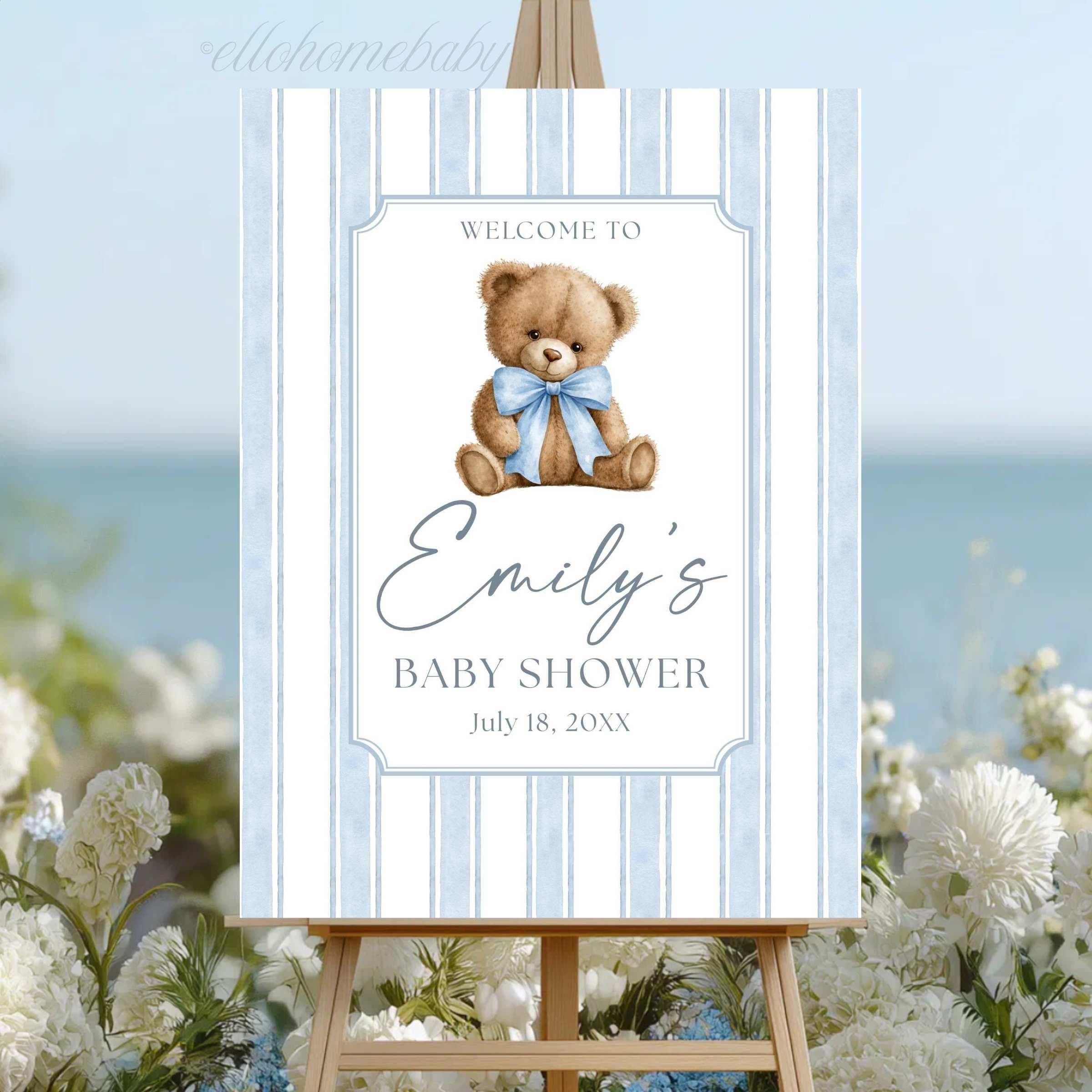 We Can Bearly Wait for you to welcome your guests with this Classic Teddy Bear baby shower welcome sign. Featuring a heirloom brown soft teddy bear with a blue bow and vintage blue striped background mounted nicely on a wooden easel. This physical foam board is perfect for a baby boy shower, teddy bear theme party, classic storybook baby shower, or classic 'sprinkle' events.