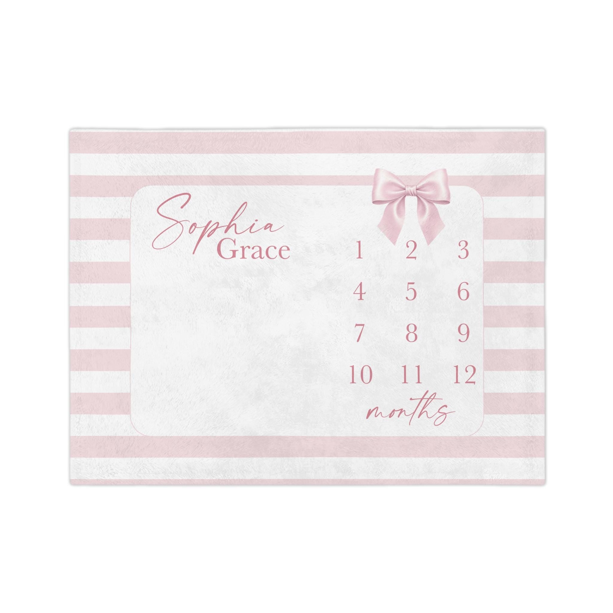 May include: A rectangular baby milestone blanket with a pink and white striped border. The center features a white space with the name "Sophia Grace" in cursive, a pink bow, and numbers 1-12 with the word "months".