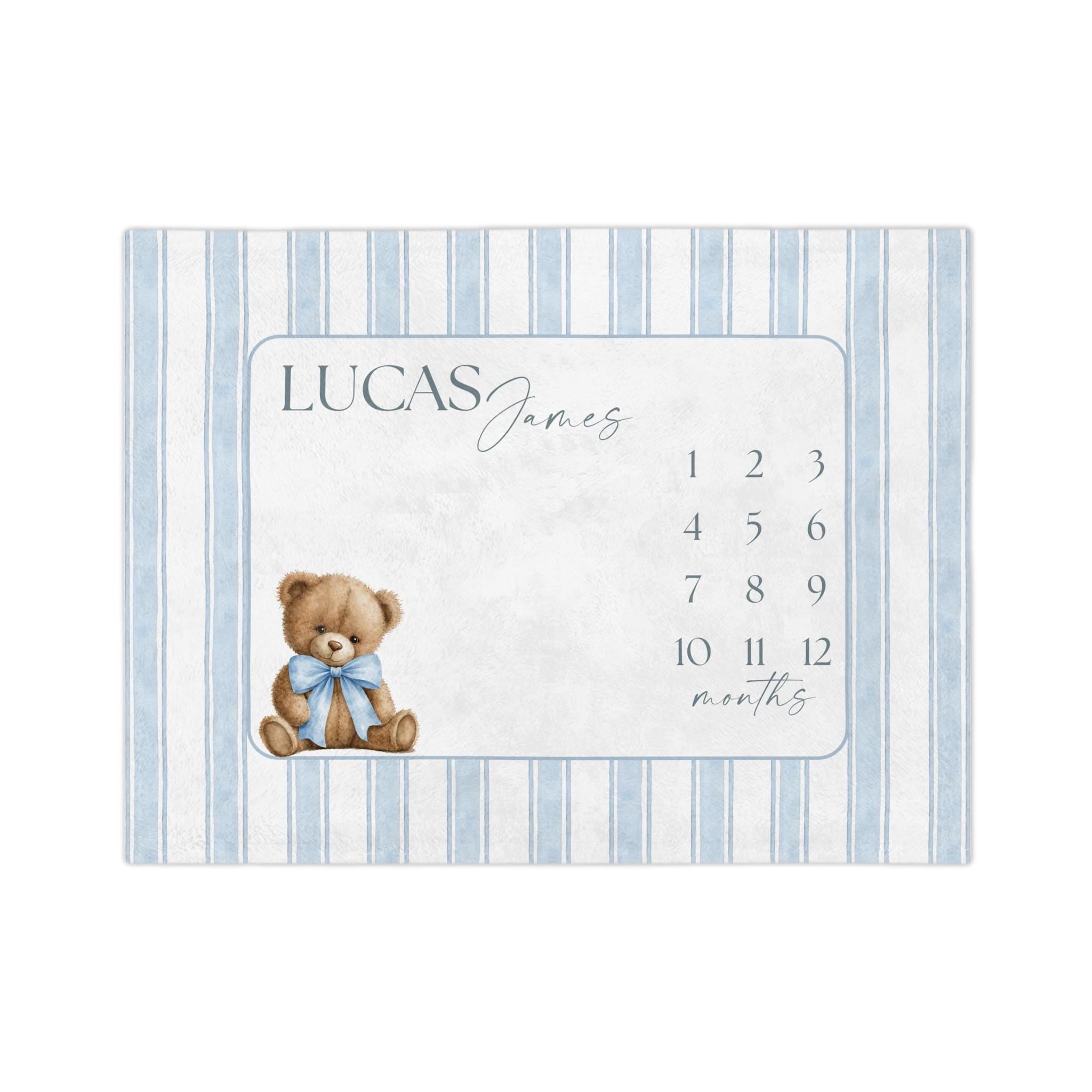 Baby Boy Milestone Blanket, Teddy Bear Month Blanket, Preppy Blue Striped Monthly Growth Mat, Personalized Newborn Photography Fleece