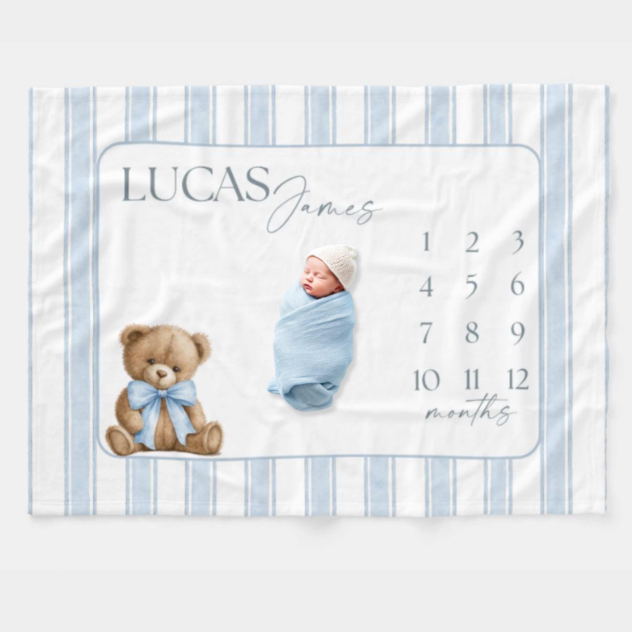 Baby Boy Milestone Blanket, Teddy Bear Month Blanket, Preppy Blue Striped Monthly Growth Mat, Personalized Newborn Photography Fleece