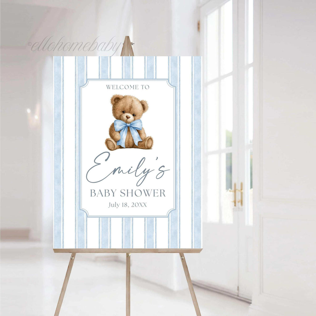 Teddy Bear Baby Shower Welcome Sign, Dusty Blue Striped Bear Baby Shower Sign, Coquette Bow Foam Board, Boy Party Decor, Bear Baby Sprinkle