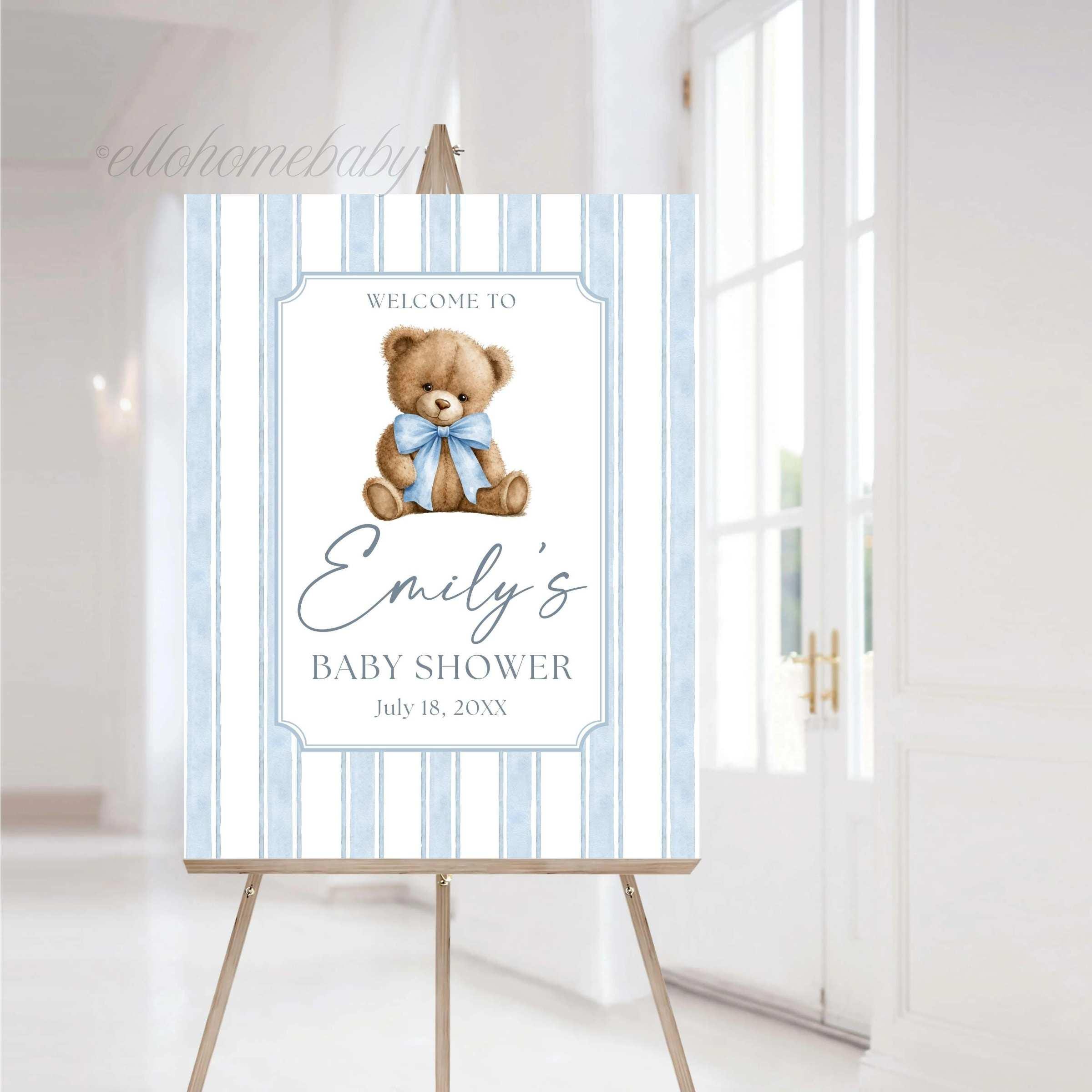Teddy Bear Baby Shower Welcome Sign, Dusty Blue Striped Bear Baby Shower Sign, Coquette Bow Foam Board, Boy Party Decor, Bear Baby Sprinkle