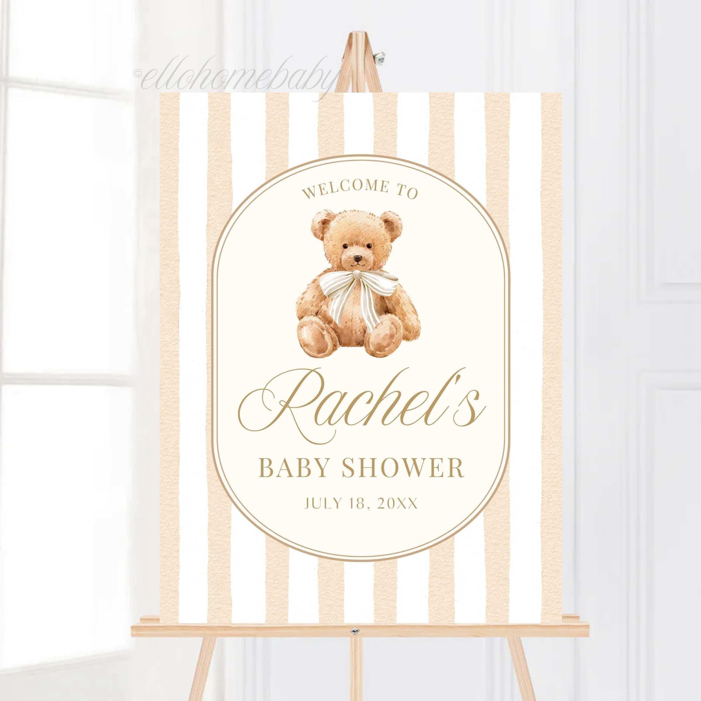 Baby Shower Welcome Sign, Sage Green Stripe Baby Shower Sign, Preppy Teddy Bear Birthday Party Poster, Vintage Bear Baby Sprinkle Foam Board