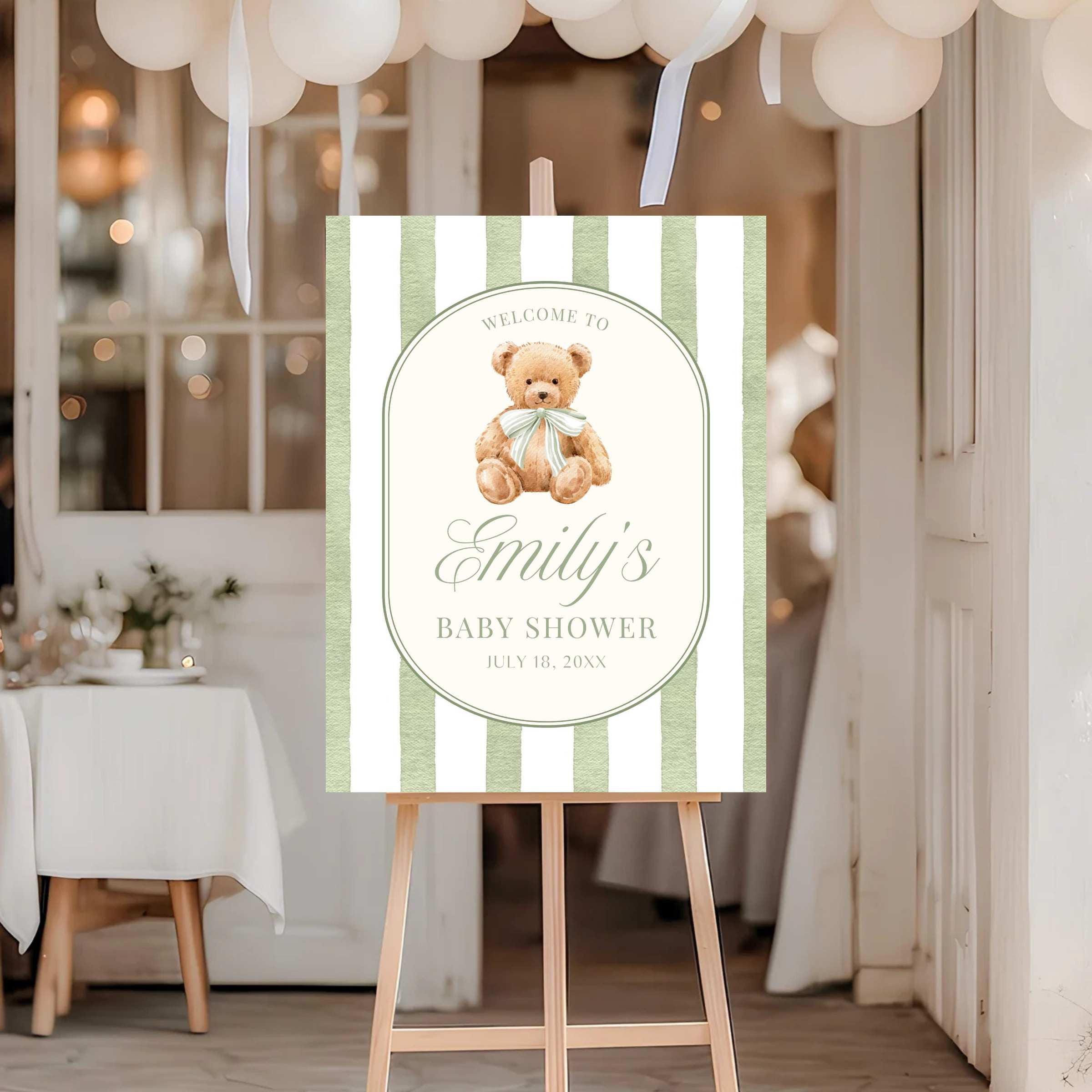 Baby Shower Welcome Sign, Sage Green Stripe Baby Shower Sign, Preppy Teddy Bear Birthday Party Poster, Vintage Bear Baby Sprinkle Foam Board