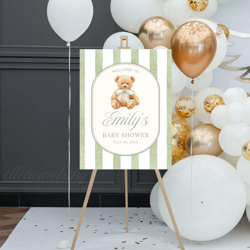 Baby Shower Welcome Sign, Sage Green Stripe Baby Shower Sign, Preppy Teddy Bear Birthday Party Poster, Vintage Bear Baby Sprinkle Foam Board