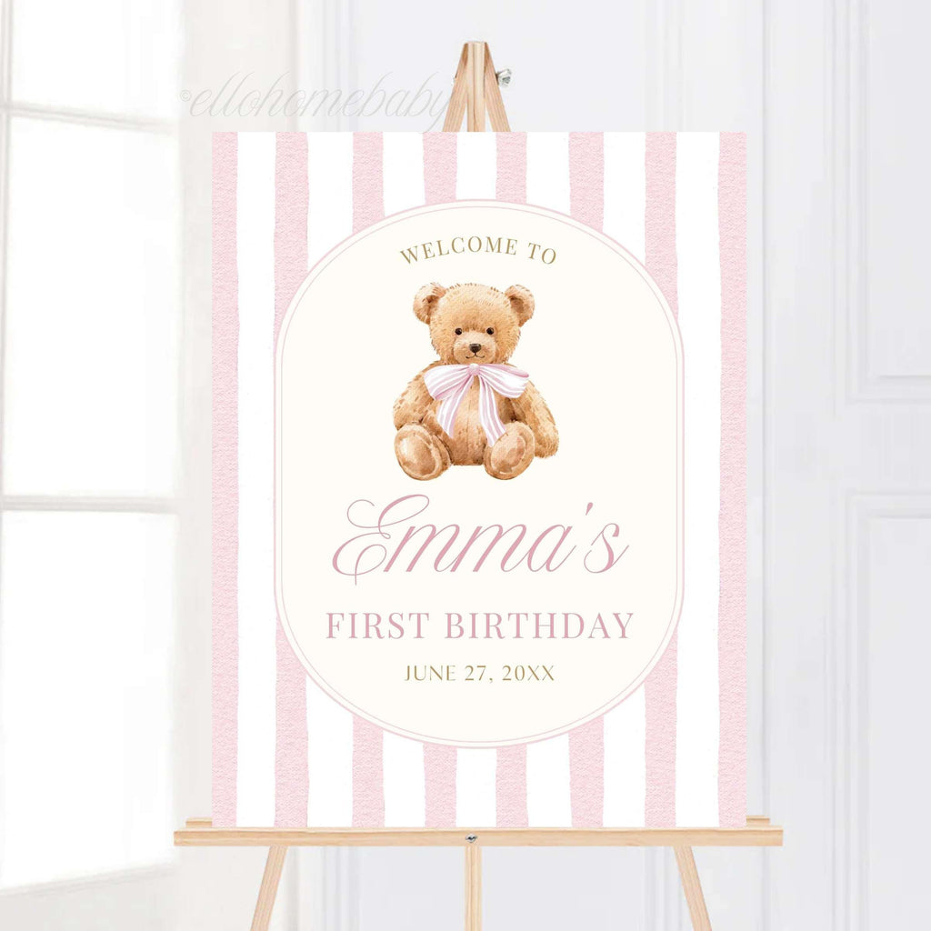 Baby Shower Welcome Sign, Sage Green Stripe Baby Shower Sign, Preppy Teddy Bear Birthday Party Poster, Vintage Bear Baby Sprinkle Foam Board