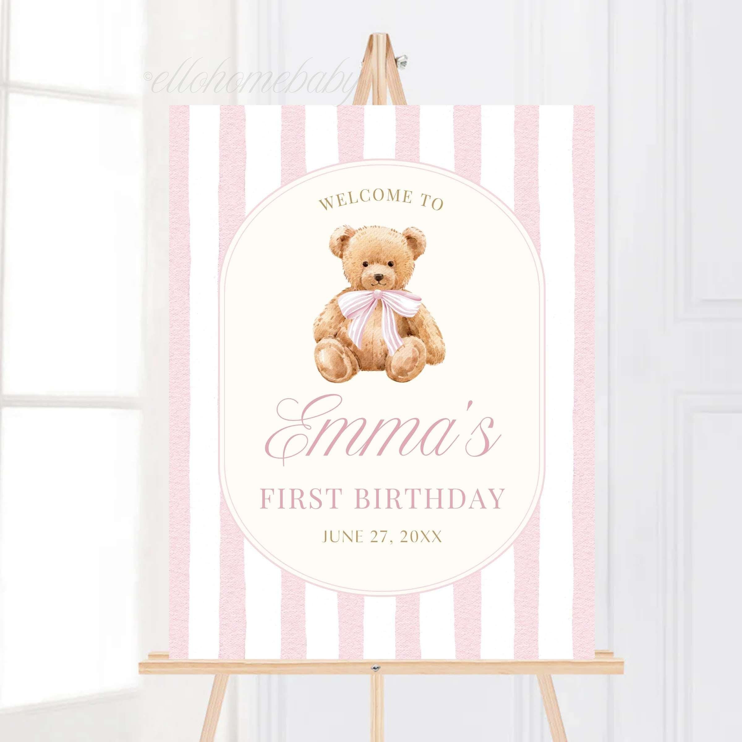 Baby Shower Welcome Sign, Sage Green Stripe Baby Shower Sign, Preppy Teddy Bear Birthday Party Poster, Vintage Bear Baby Sprinkle Foam Board
