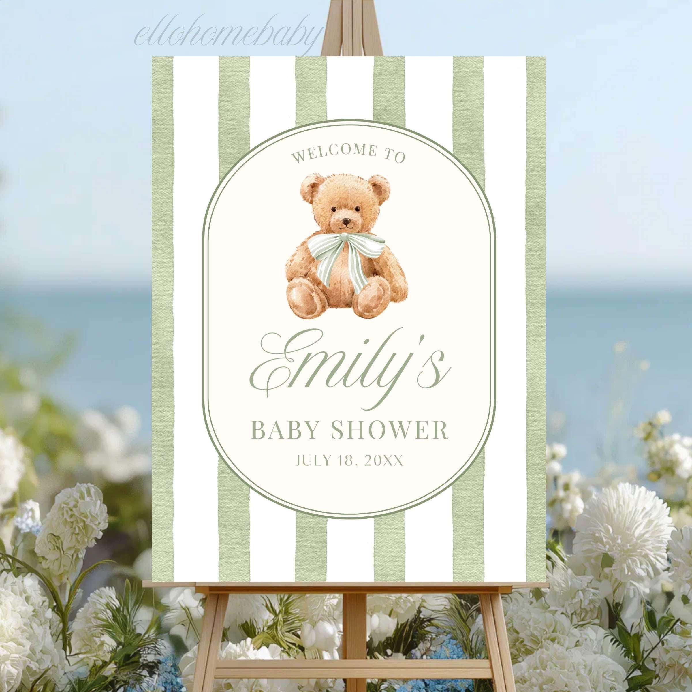Baby Shower Welcome Sign, Sage Green Stripe Baby Shower Sign, Preppy Teddy Bear Birthday Party Poster, Vintage Bear Baby Sprinkle Foam Board