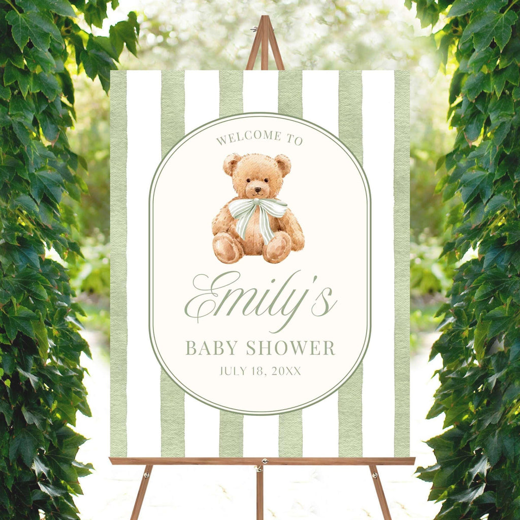 Baby Shower Welcome Sign, Sage Green Stripe Baby Shower Sign, Preppy Teddy Bear Birthday Party Poster, Vintage Bear Baby Sprinkle Foam Board