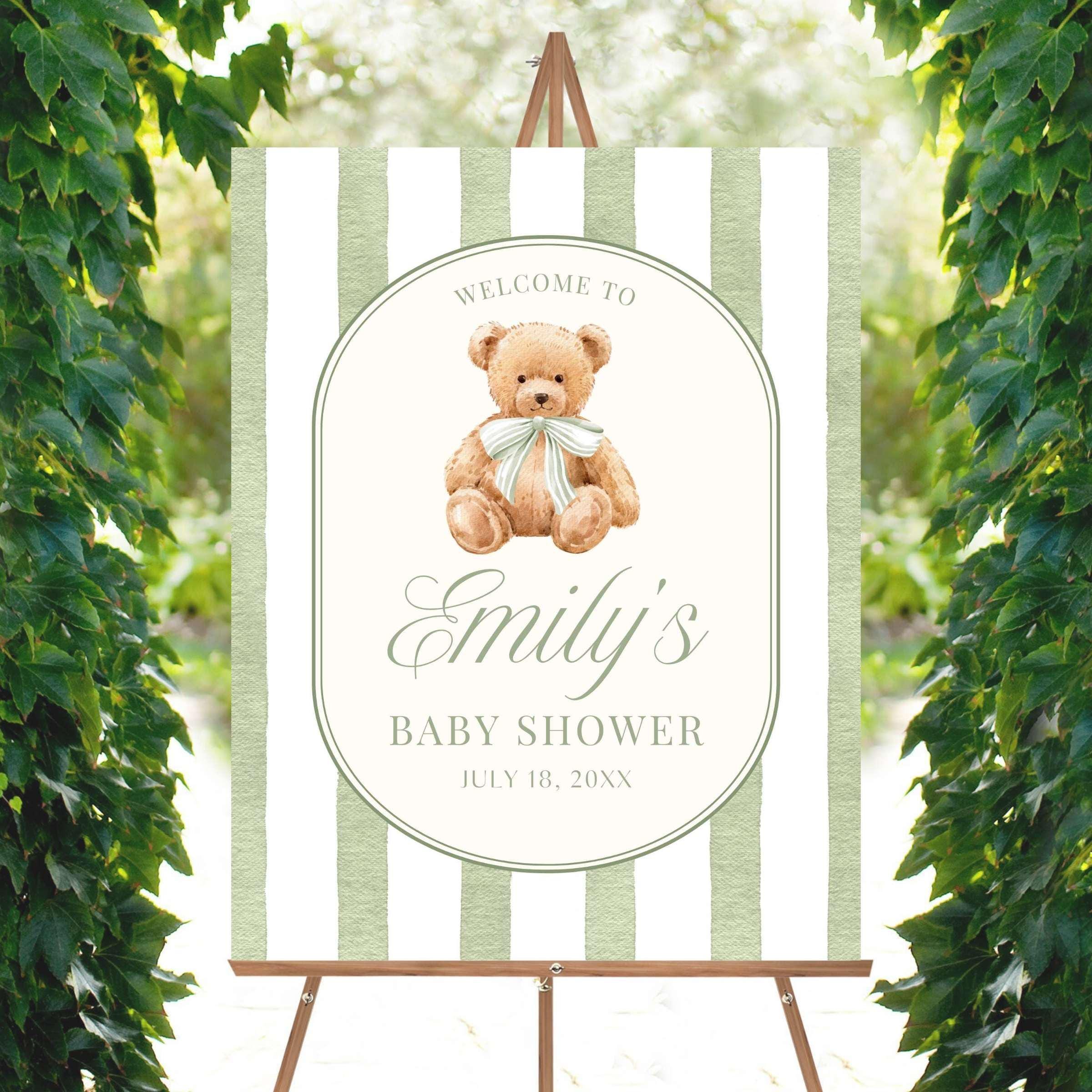 Baby Shower Welcome Sign, Sage Green Stripe Baby Shower Sign, Preppy Teddy Bear Birthday Party Poster, Vintage Bear Baby Sprinkle Foam Board