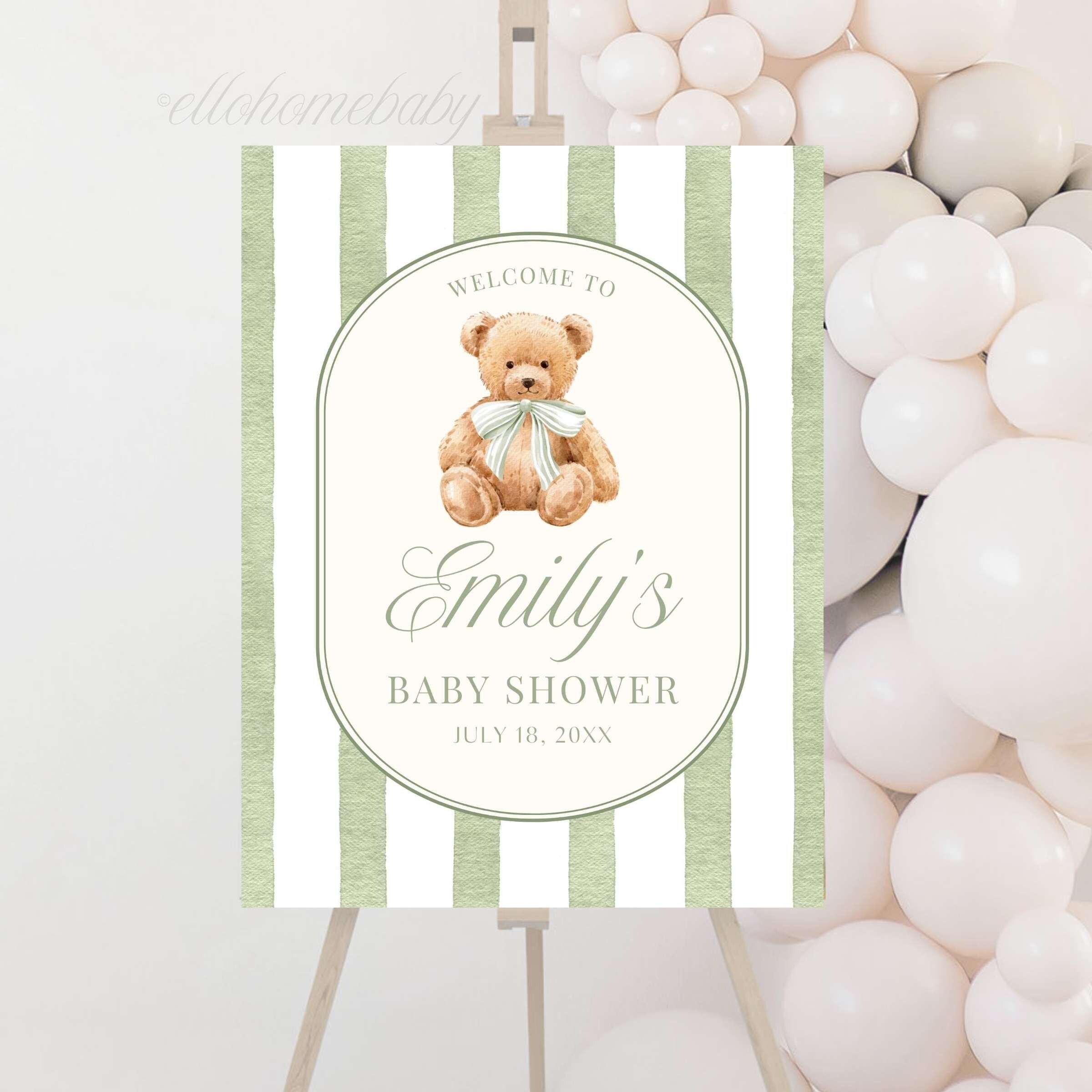 Baby Shower Welcome Sign, Sage Green Stripe Baby Shower Sign, Preppy Teddy Bear Birthday Party Poster, Vintage Bear Baby Sprinkle Foam Board