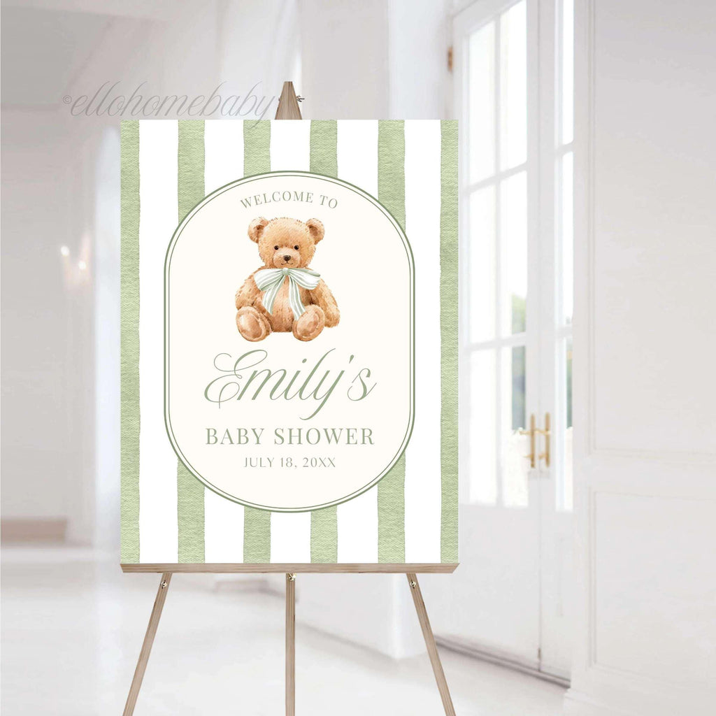 Baby Shower Welcome Sign, Sage Green Stripe Baby Shower Sign, Preppy Teddy Bear Birthday Party Poster, Vintage Bear Baby Sprinkle Foam Board