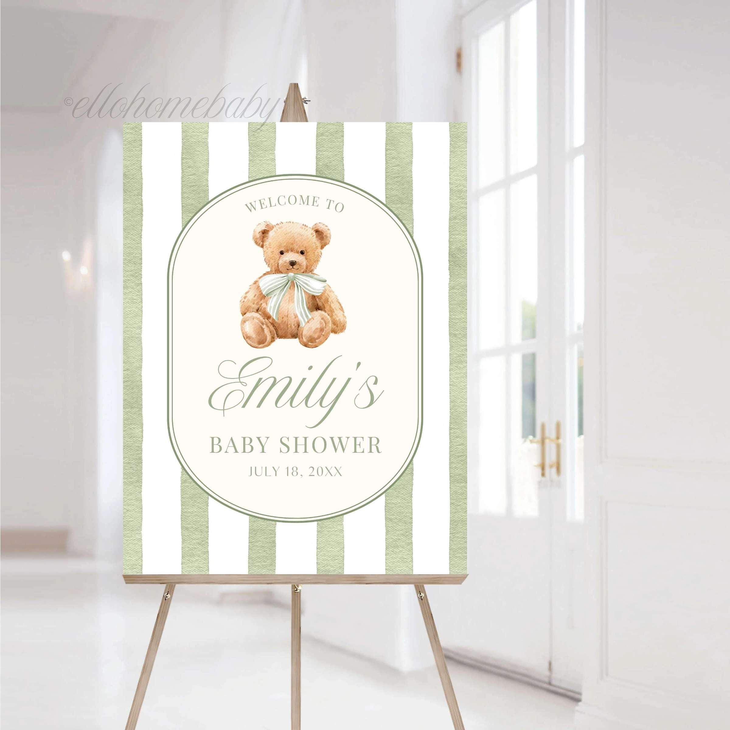 Baby Shower Welcome Sign, Sage Green Stripe Baby Shower Sign, Preppy Teddy Bear Birthday Party Poster, Vintage Bear Baby Sprinkle Foam Board