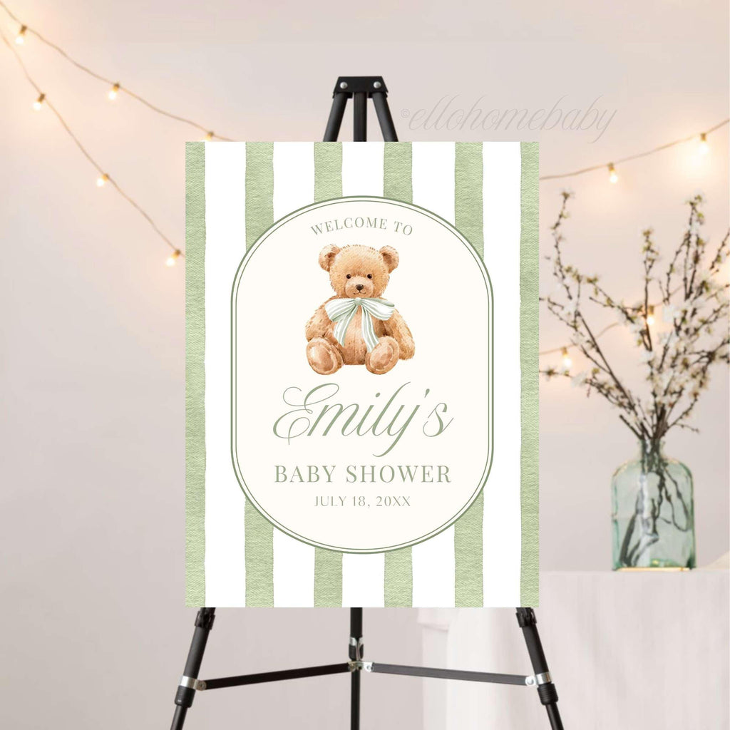 Baby Shower Welcome Sign, Sage Green Stripe Baby Shower Sign, Preppy Teddy Bear Birthday Party Poster, Vintage Bear Baby Sprinkle Foam Board