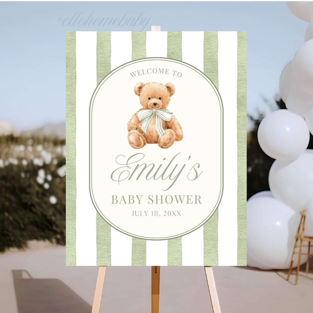Baby Shower Welcome Sign, Sage Green Stripe Baby Shower Sign, Preppy Teddy Bear Birthday Party Poster, Vintage Bear Baby Sprinkle Foam Board