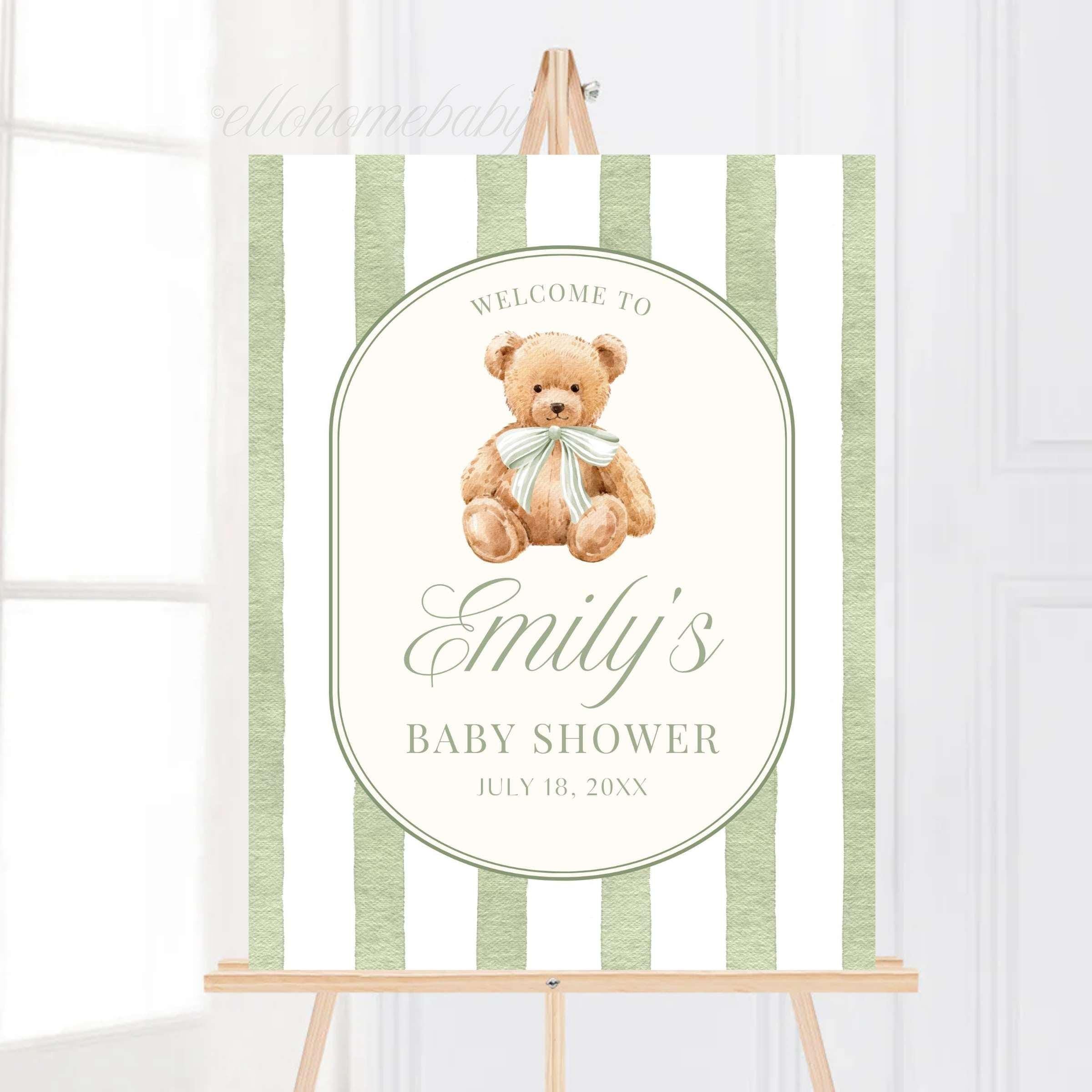 Baby Shower Welcome Sign, Sage Green Stripe Baby Shower Sign, Preppy Teddy Bear Birthday Party Poster, Vintage Bear Baby Sprinkle Foam Board