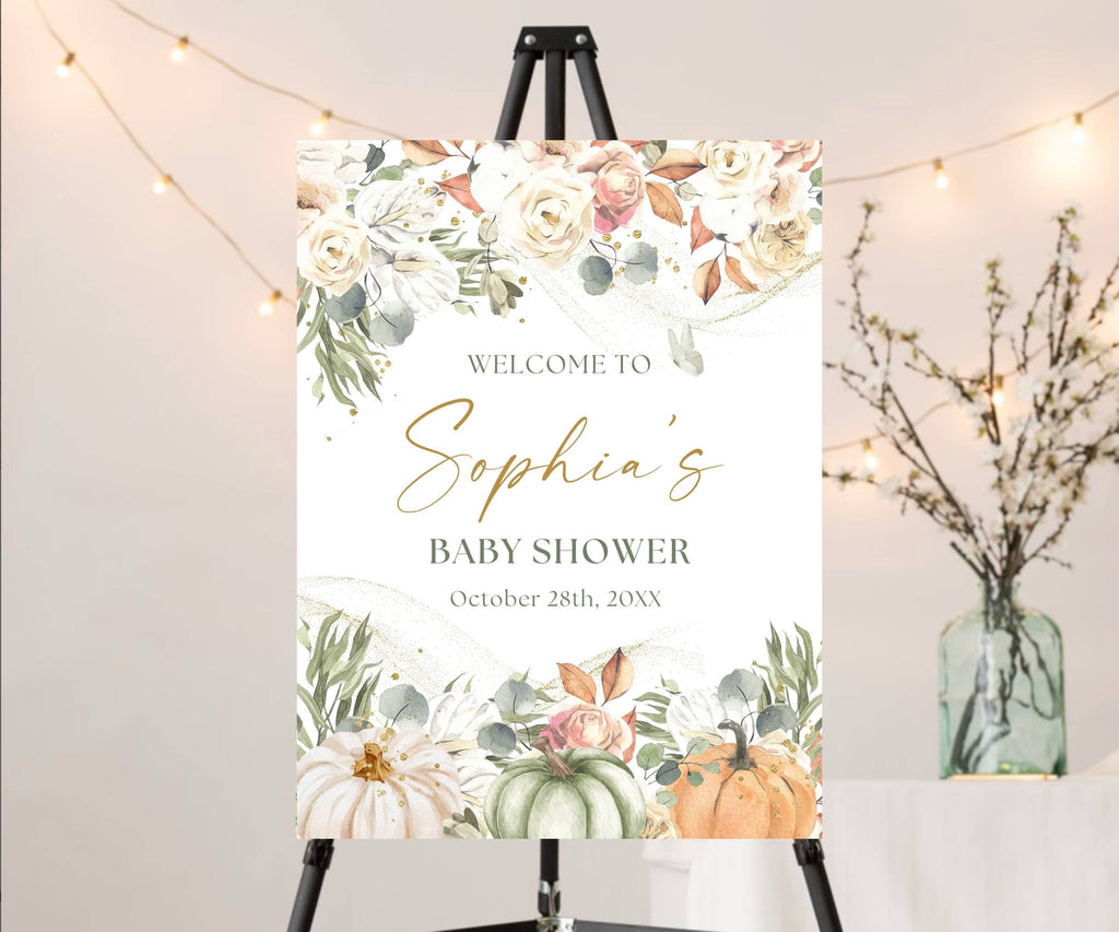 A little pumpkin is on the way welcome sign. Fall Pumpkin Baby Shower Welcome Sign, rustic boho floral baby shower poster, decorated with soft beige and orange flowers drape the top and bottom along with watercolor pumpkins line the bottom of this foam board sign. Bridal shower welcome sign. Baby sprinkle sign.