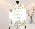 A little pumpkin is on the way welcome sign. Fall Pumpkin Baby Shower Welcome Sign, rustic boho floral baby shower poster, decorated with soft beige and orange flowers drape the top and bottom along with watercolor pumpkins line the bottom of this foam board sign. Bridal shower welcome sign. Baby sprinkle sign.