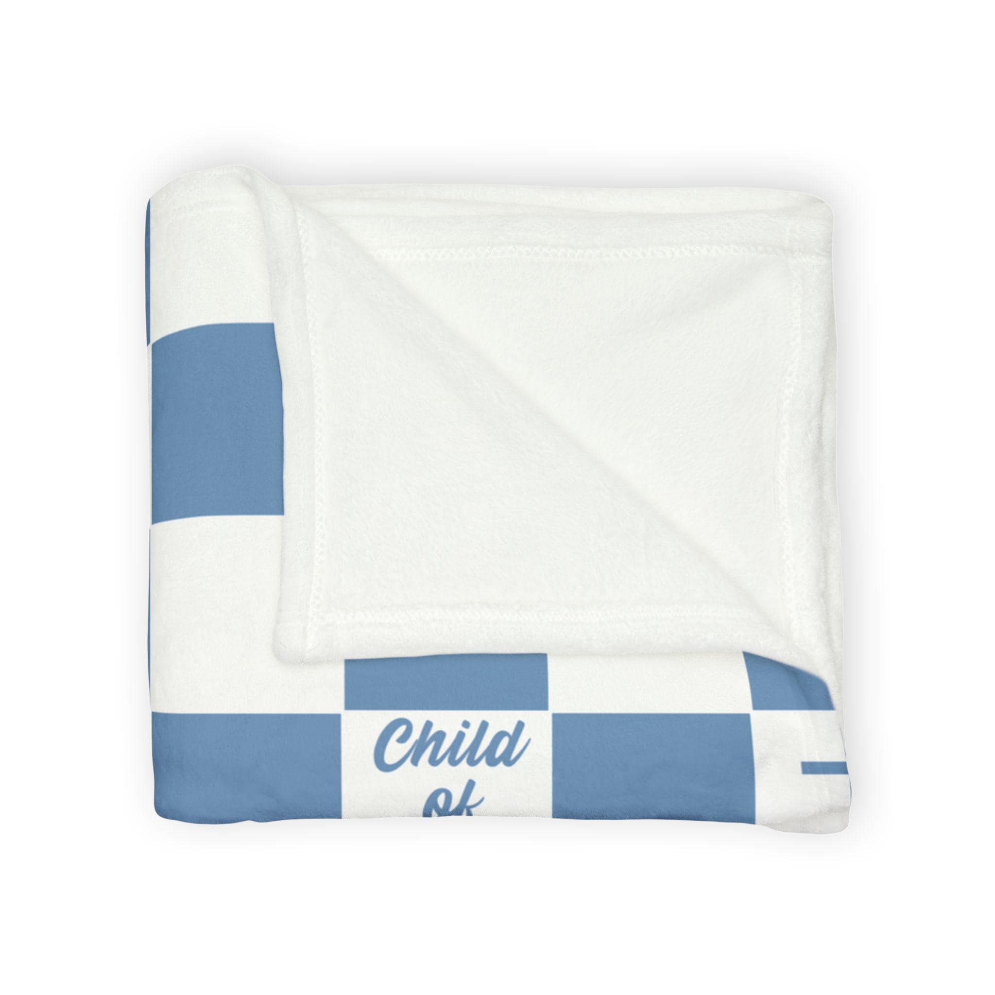 Folded and Close-up of soft blue and white premium minky baby blanket showing the cozy fabric texture, blue gingham pattern, crosses, and Child of God design.