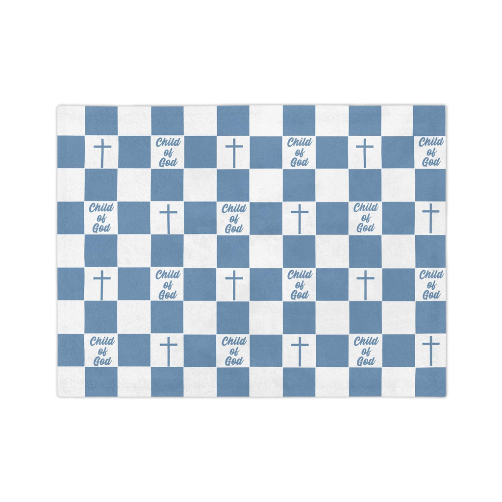 A baby's first blanket can become one of life's most cherished keepsakes. A Blue and white Child of God baby blanket featuring a classic gingham check pattern, Christian crosses, and inspirational Child of God lettering. ELLO HOME BABY