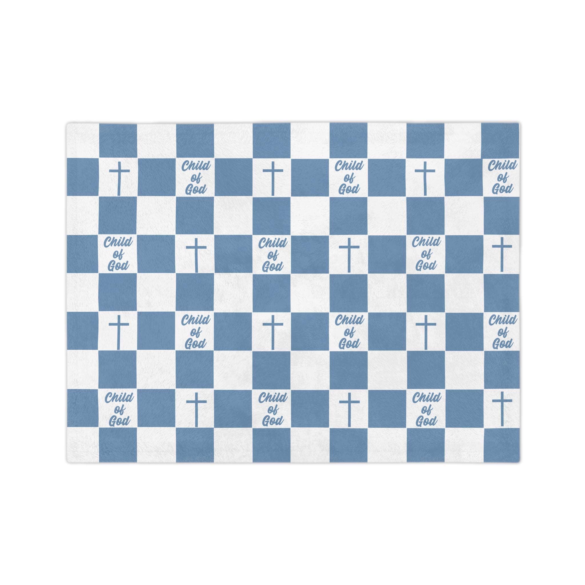 A baby's first blanket can become one of life's most cherished keepsakes. A Blue and white Child of God baby blanket featuring a classic gingham check pattern, Christian crosses, and inspirational Child of God lettering. ELLO HOME BABY