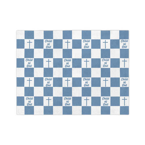 A baby's first blanket can become one of life's most cherished keepsakes. A Blue and white Child of God baby blanket featuring a classic gingham check pattern, Christian crosses, and inspirational Child of God lettering. ELLO HOME BABY
