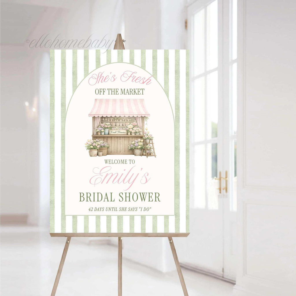 Fresh Off The Market Bridal Shower Welcome Sign, Sage Green Farmer's Market Theme, Stripe Bridal Brunch Wedding Shower Poster