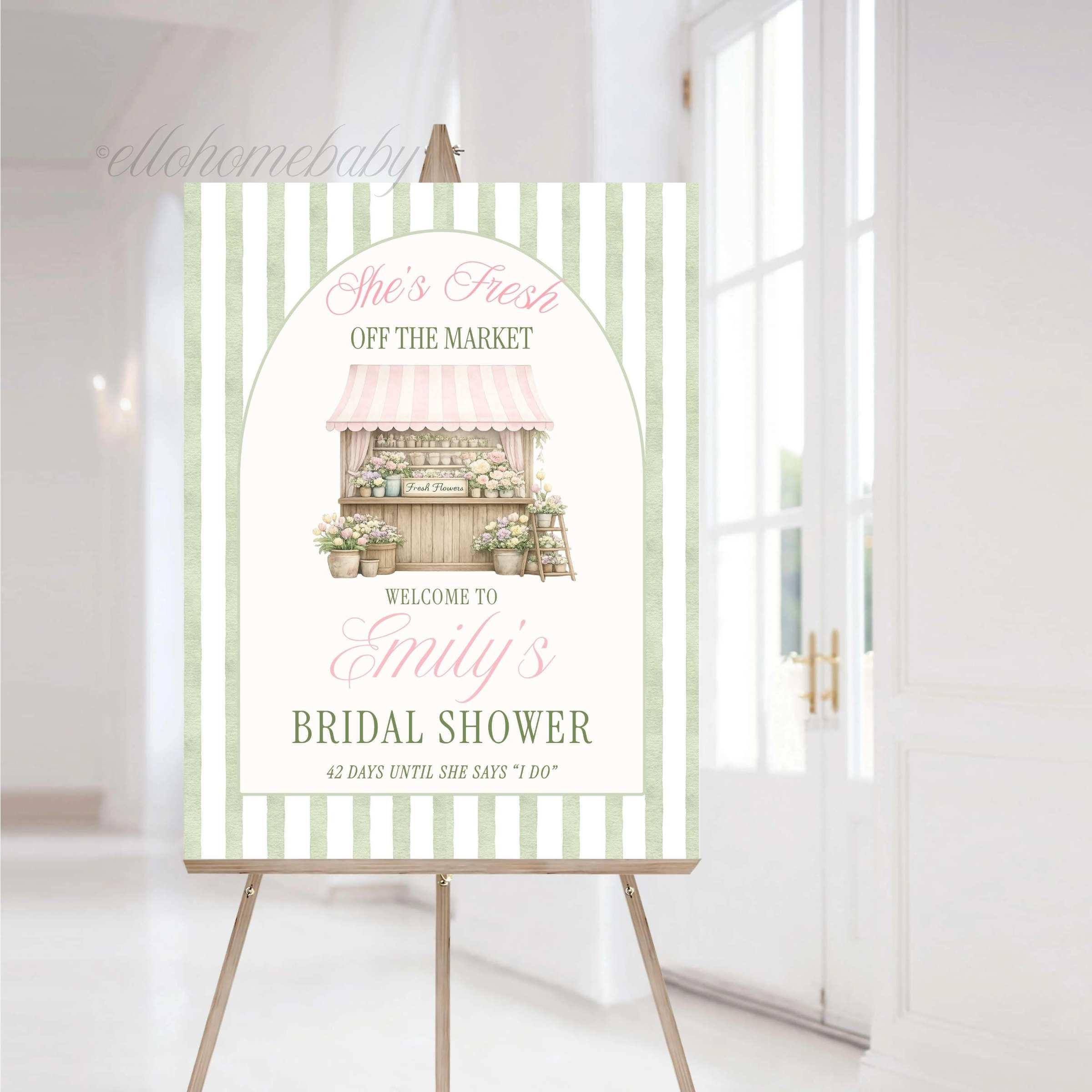 Fresh Off The Market Bridal Shower Welcome Sign, Sage Green Farmer's Market Theme, Stripe Bridal Brunch Wedding Shower Poster