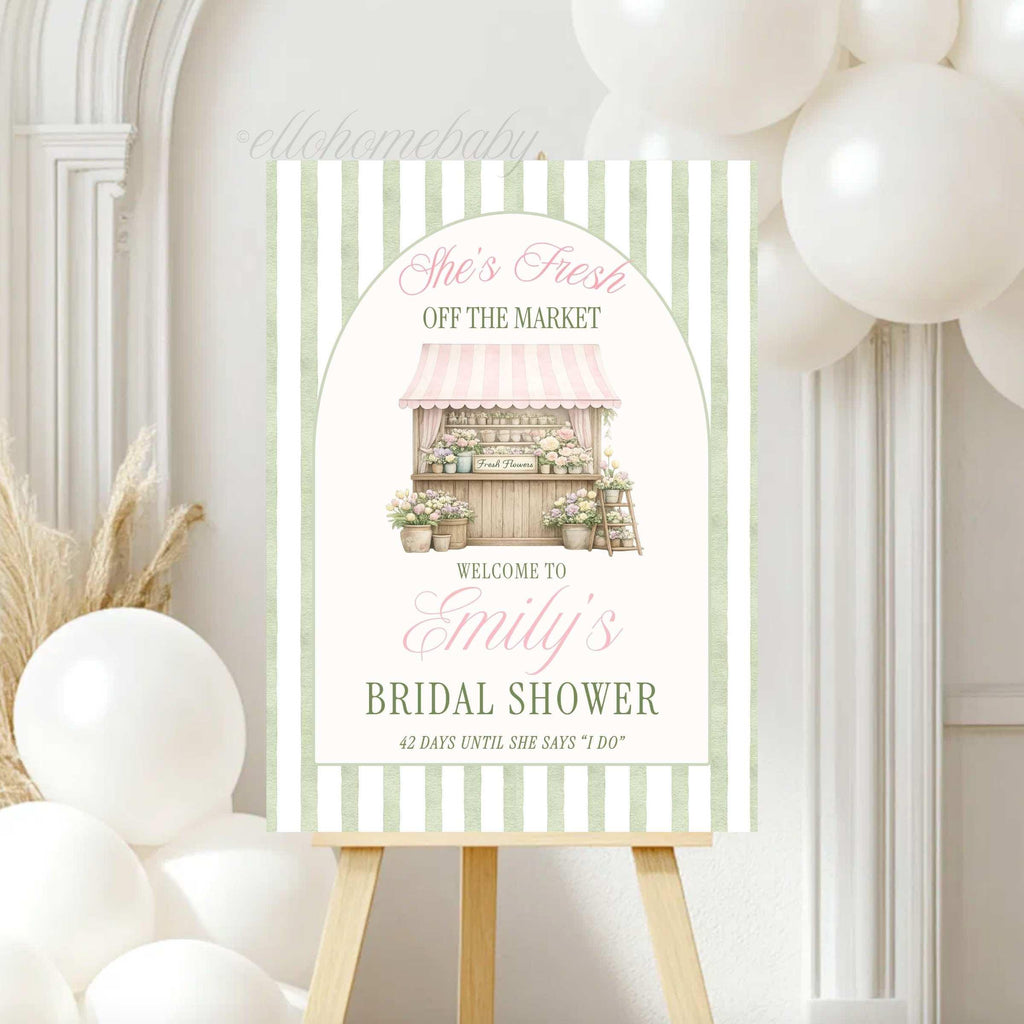 Fresh Off The Market Bridal Shower Welcome Sign, Sage Green Farmer's Market Theme, Stripe Bridal Brunch Wedding Shower Poster