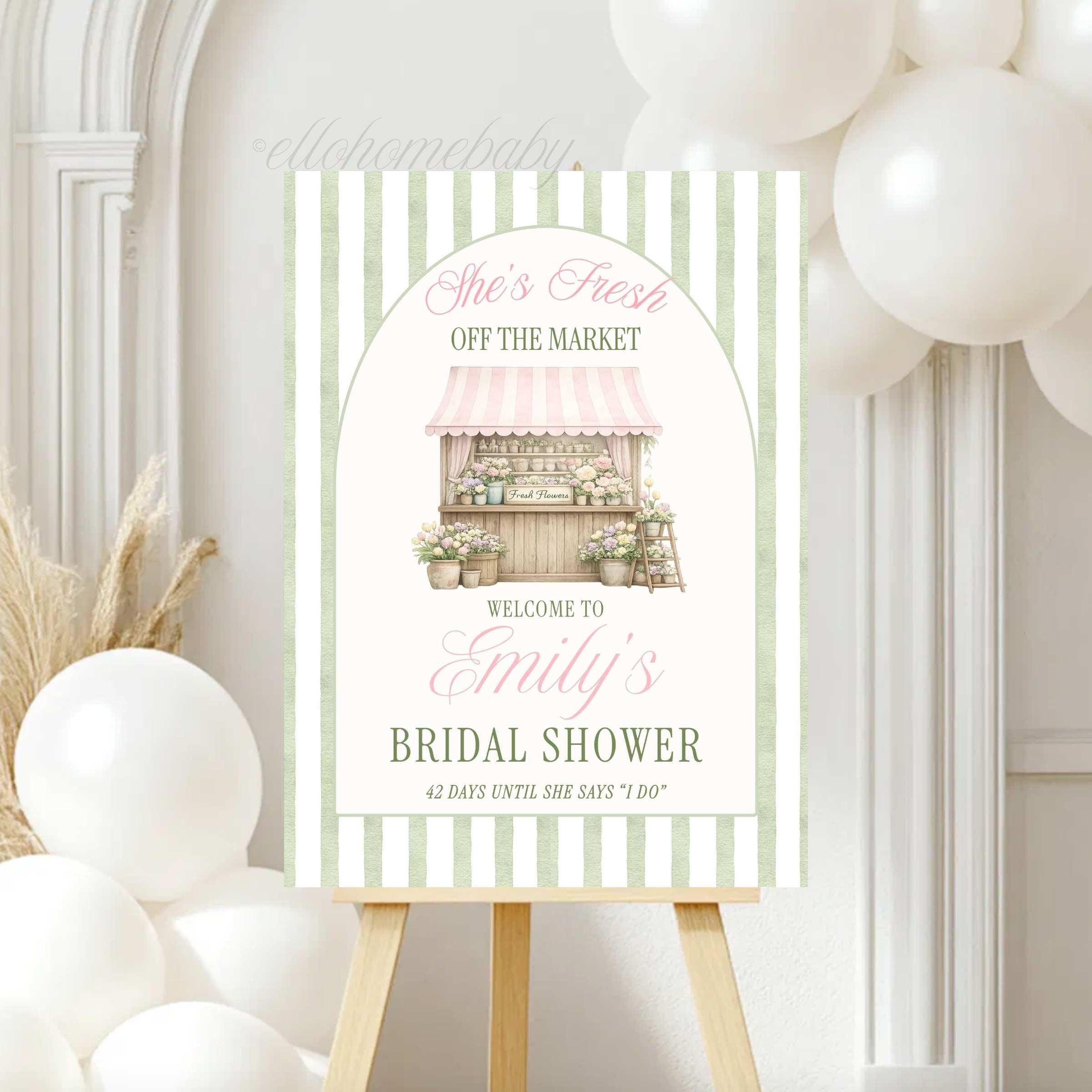 Fresh Off The Market Bridal Shower Welcome Sign, Sage Green Farmer's Market Theme, Stripe Bridal Brunch Wedding Shower Poster