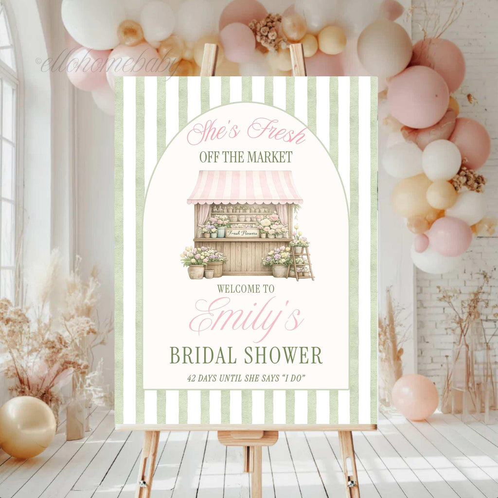 Fresh Off The Market Bridal Shower Welcome Sign, Sage Green Farmer's Market Theme, Stripe Bridal Brunch Wedding Shower Poster