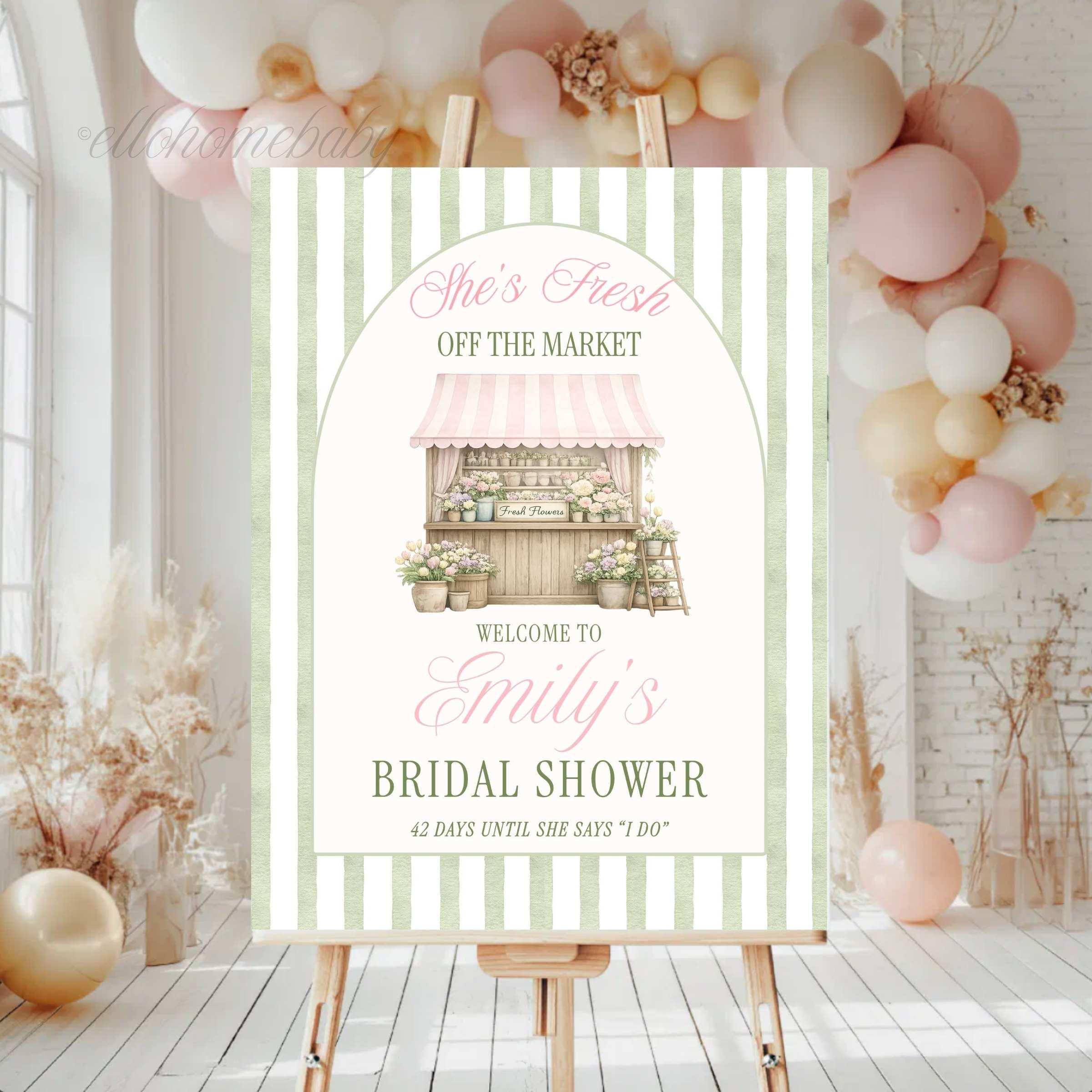 Fresh Off The Market Bridal Shower Welcome Sign, Sage Green Farmer's Market Theme, Stripe Bridal Brunch Wedding Shower Poster