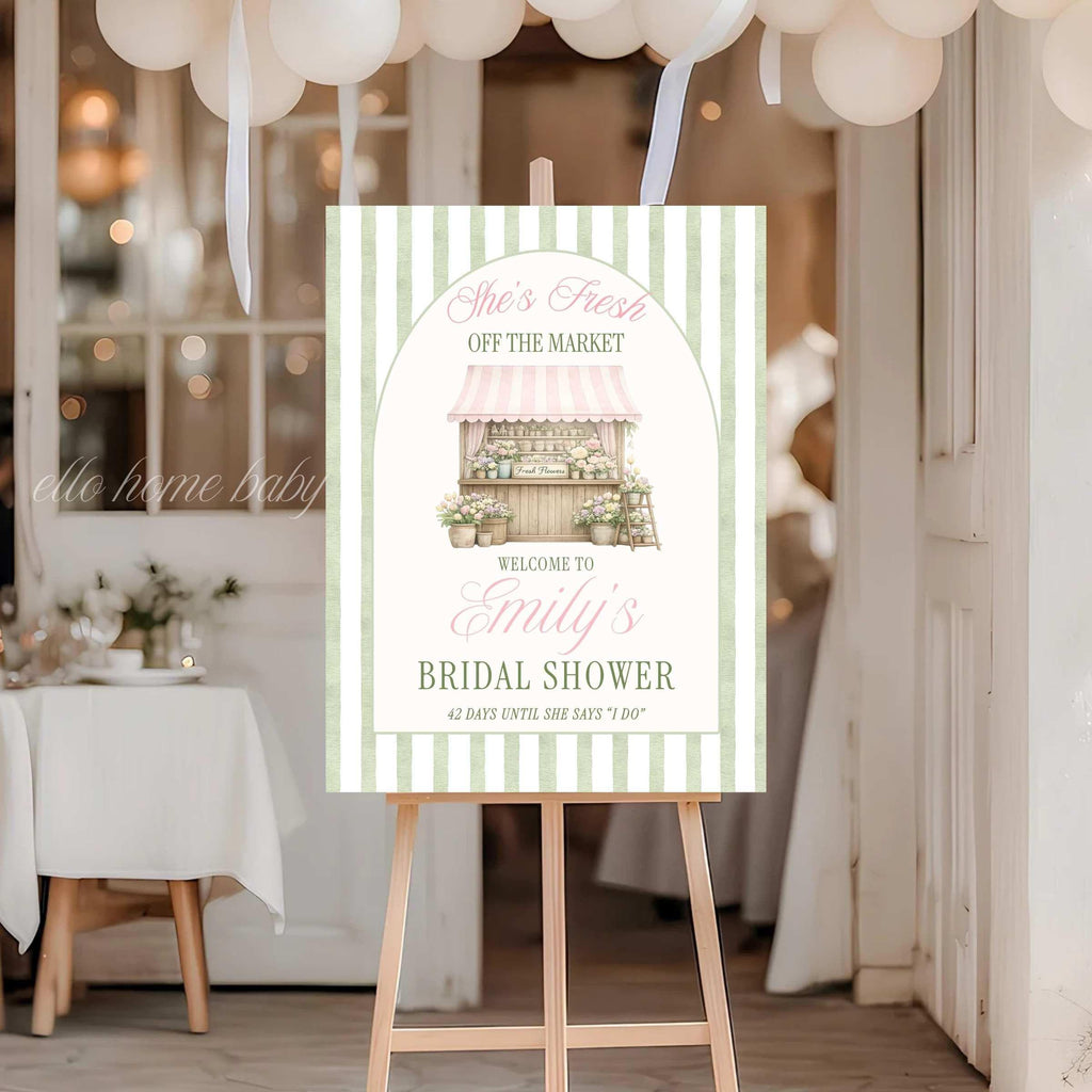 Celebrate the bride to be with this beautifully designed, "She’s Fresh Off the Market" bridal shower welcome sign. Perfect for a trendy farmer's market, sage green garden party bridal brunch, flower market-themed bridal shower, Custom Wedding Shower Signage. This pink and green aesthetic entrance sign is an absolute must-have! This is a physical, printed foam board that will be completely finished and shipped directly to your door!  Wedding Shower Signage, Custom Welcome Board for