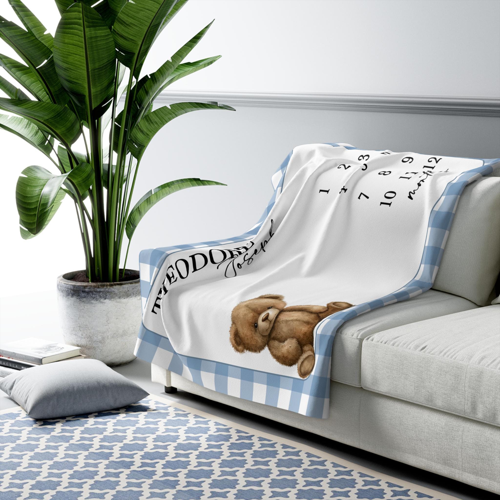 Personalized Blue Gingham Teddy Bear Baby Milestone Blanket, First Year Photo Prop, Month Blanket Boy