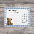 Personalized Blue Gingham Teddy Bear Baby Milestone Blanket. Blue checkerboard teddy bear baby month blanket.