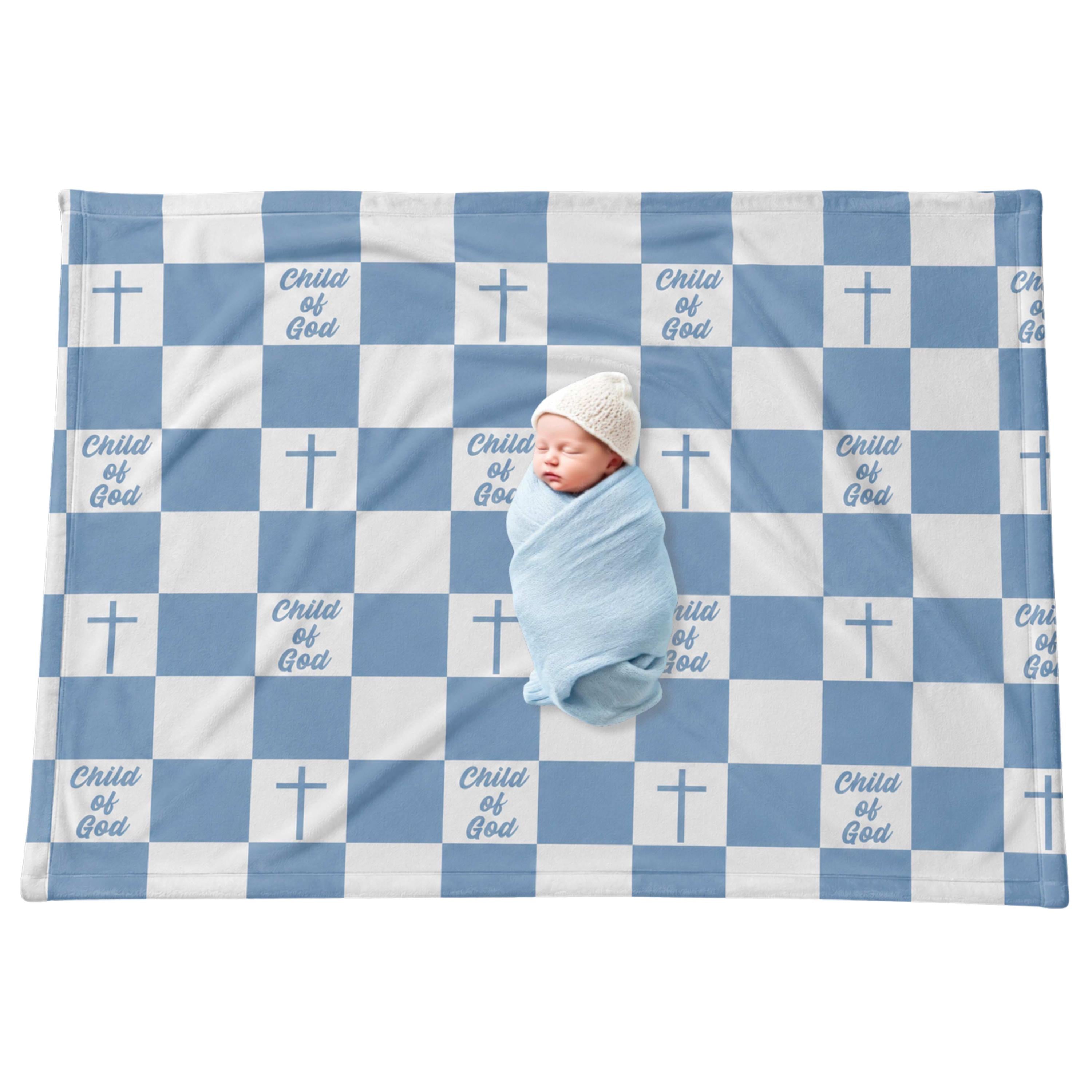 Soft blue and white baby blanket with Christian-inspired Child of God design, perfect for newborn snuggles, nursery decor, and meaningful baby gifts.