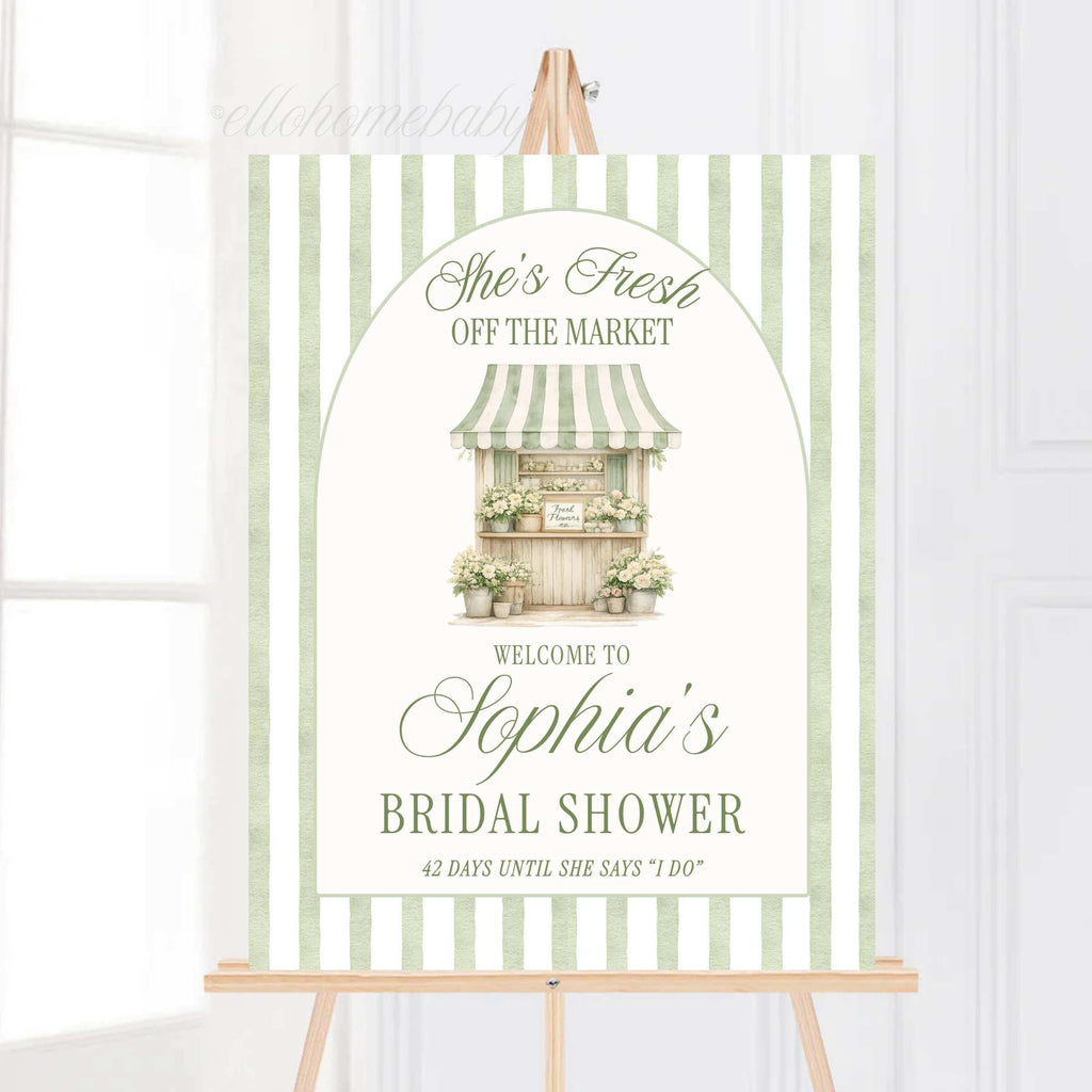Elegant sage green bridal shower decor featuring personalized welcome sign for garden, vineyard, or outdoor bridal shower celebration.