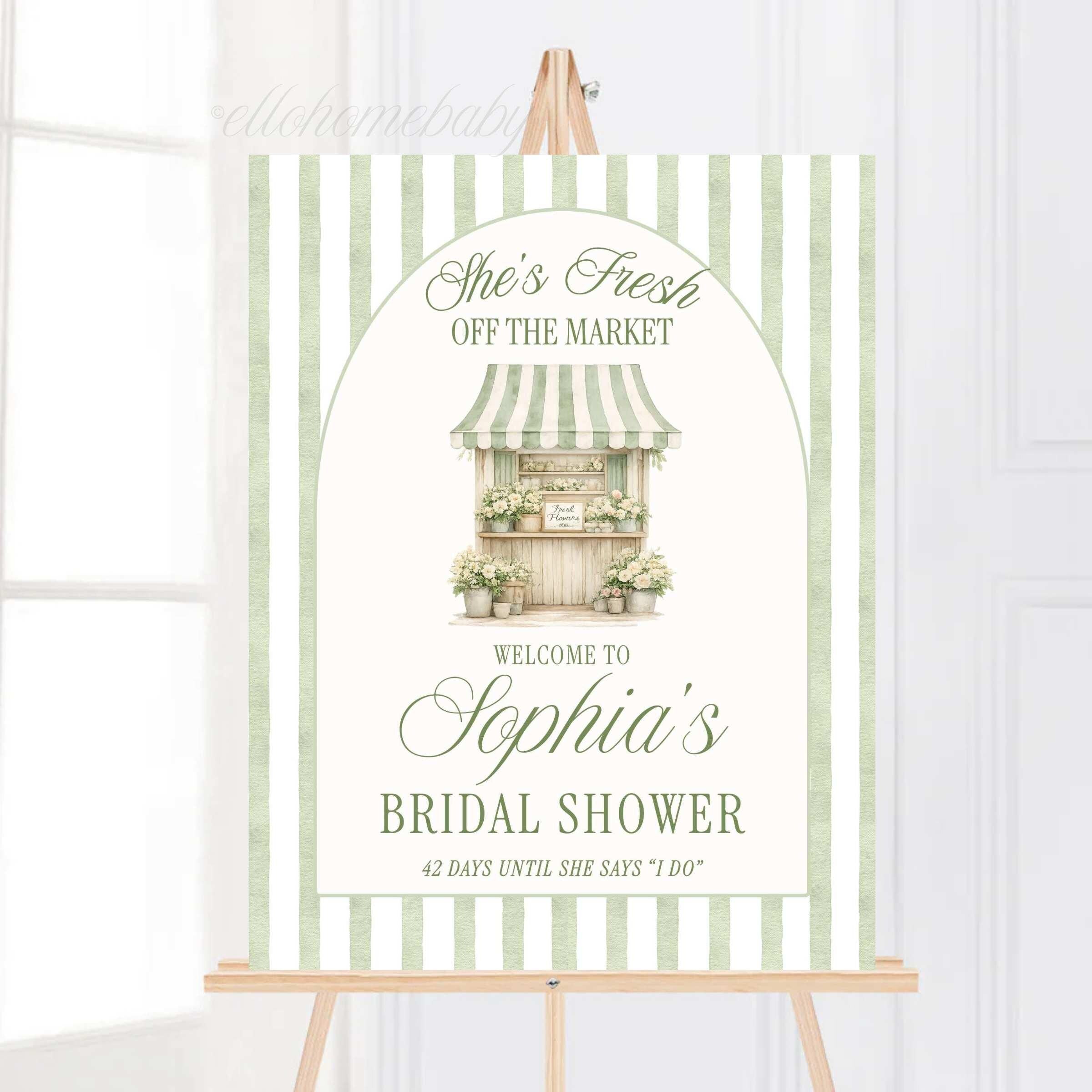 Elegant sage green bridal shower decor featuring personalized welcome sign for garden, vineyard, or outdoor bridal shower celebration.