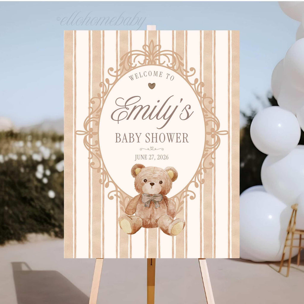 Personalized heirloom teddy bear welcome poster for neutral baby shower featuring classic beige stripes and vintage scrollwork.