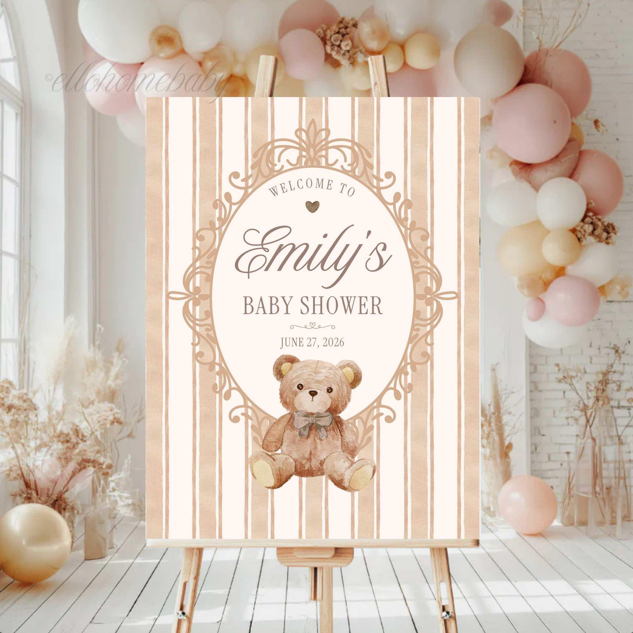 Vintage Teddy Bear Baby Shower Welcome Sign, Personalized Neutral Foam Board Poster, Heirloom Teddy Bear Decor, Cream Brown Bear Sprinkle