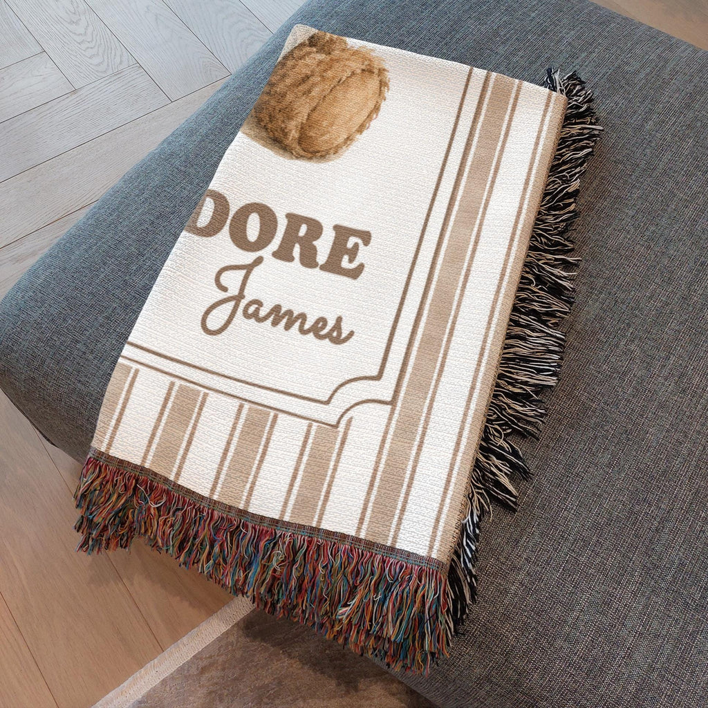 Teddy Bear Personalized Baby Blanket, Heirloom Custom Name Woven Cotton Throw, Vintage Grandmillennial Nursery Keepsake Gift
