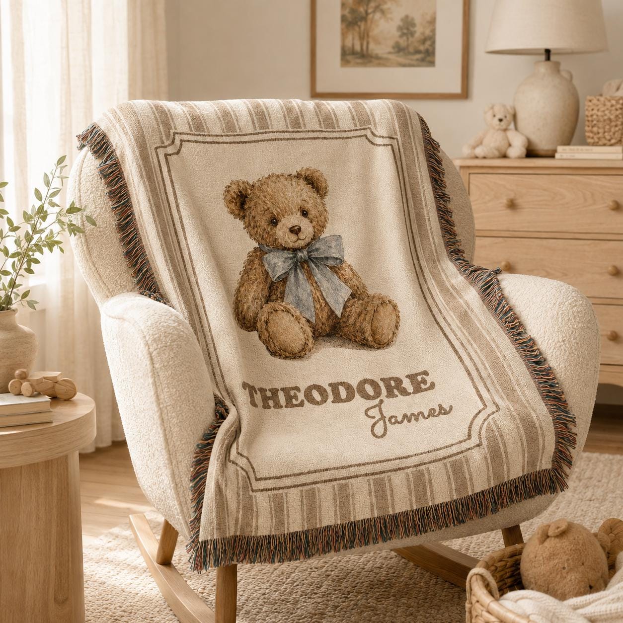 Personalized brown striped cotton woven baby blanket laid on a chair inside a neutral nursery, featuring a medium-brown teddy bear with a dusty-blue bow, custom name, framed design and fringed edges.